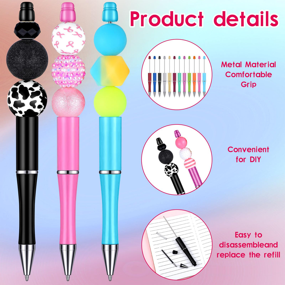 Tenceur 148 Pcs Beadable Pen Set Back to School Gift 48 Plastic Beadable Pen 48 Resealable Pouch