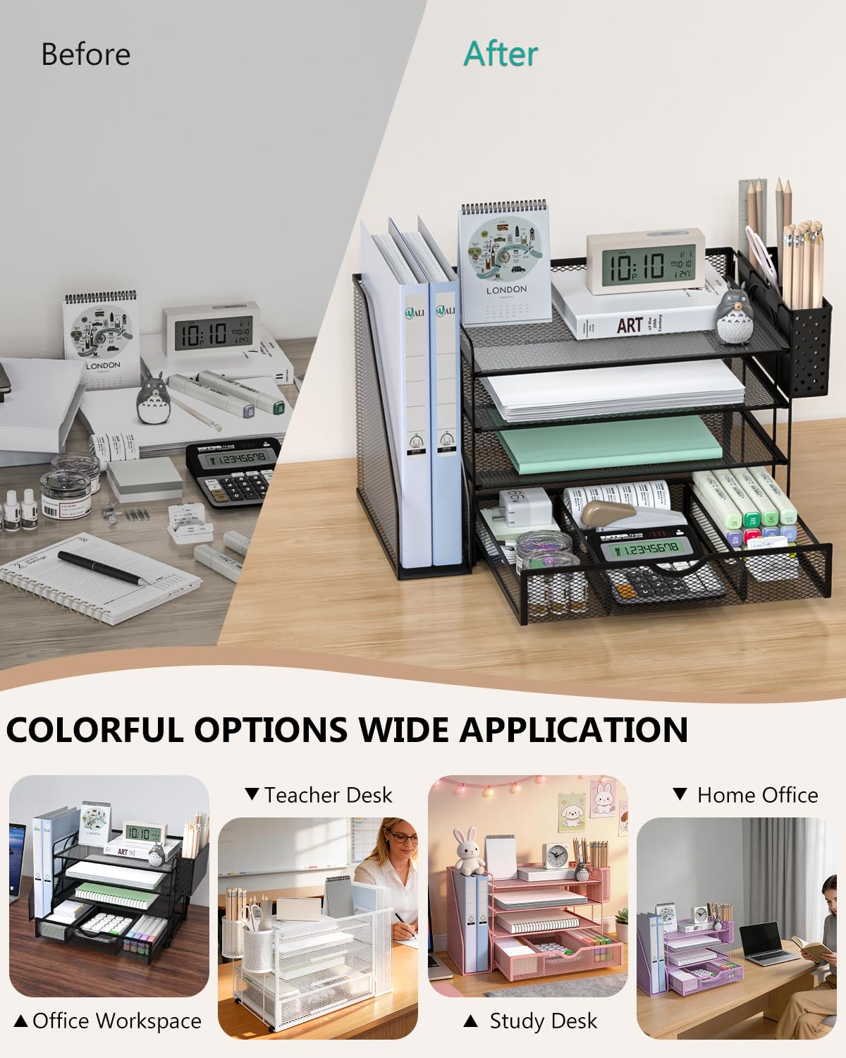 WALI Desk File Organizer, 4 Tier Desktop Paper Letter Tray Organizer with Drawer and 2 Pen Holders