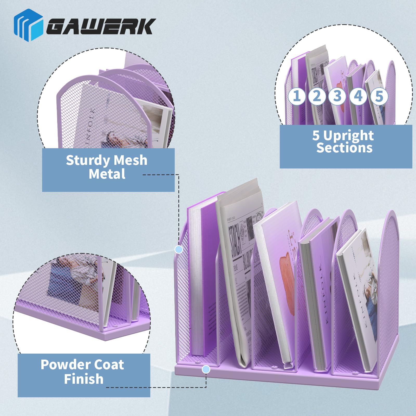 Gawerk 5-Section Vertical Desktop Organizer, 6-Section Mesh File Folder Stand Sorter for Office