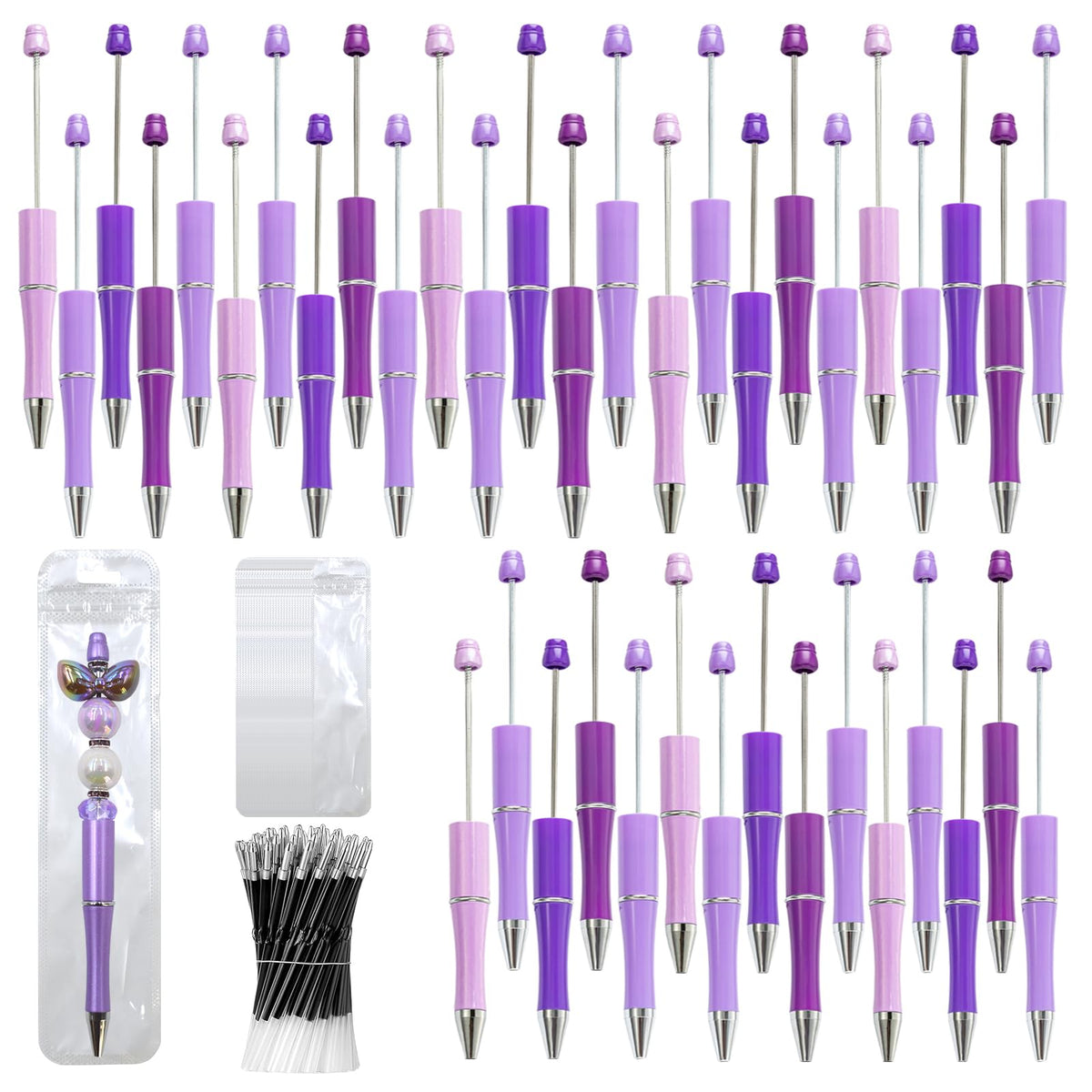 DASTTUIS 300 Pieces DIY Beadable Pens Kit - 100 plastic Beadable Pens Bulk, Refills & pen bags