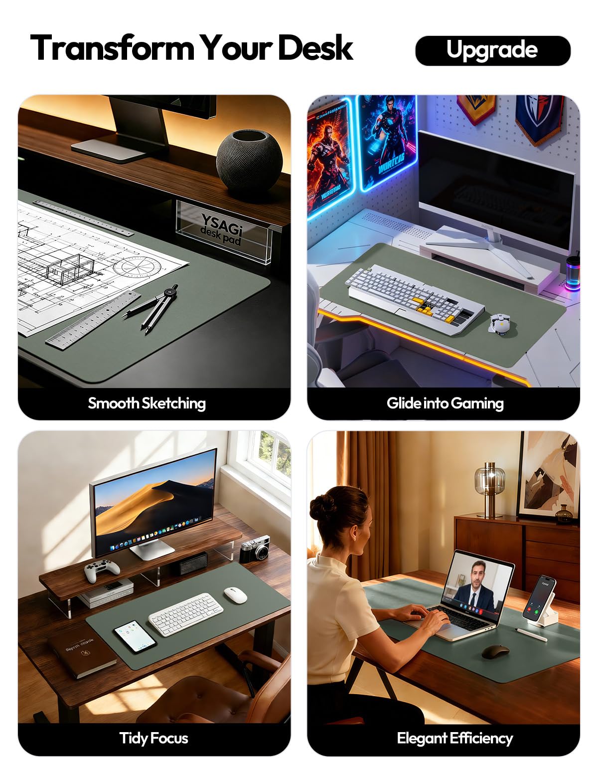 YSAGi Leather Desk Protector, Office Mat, Large Mouse Mat, Non-Slip PU Leather Blotter, Laptop Desk
