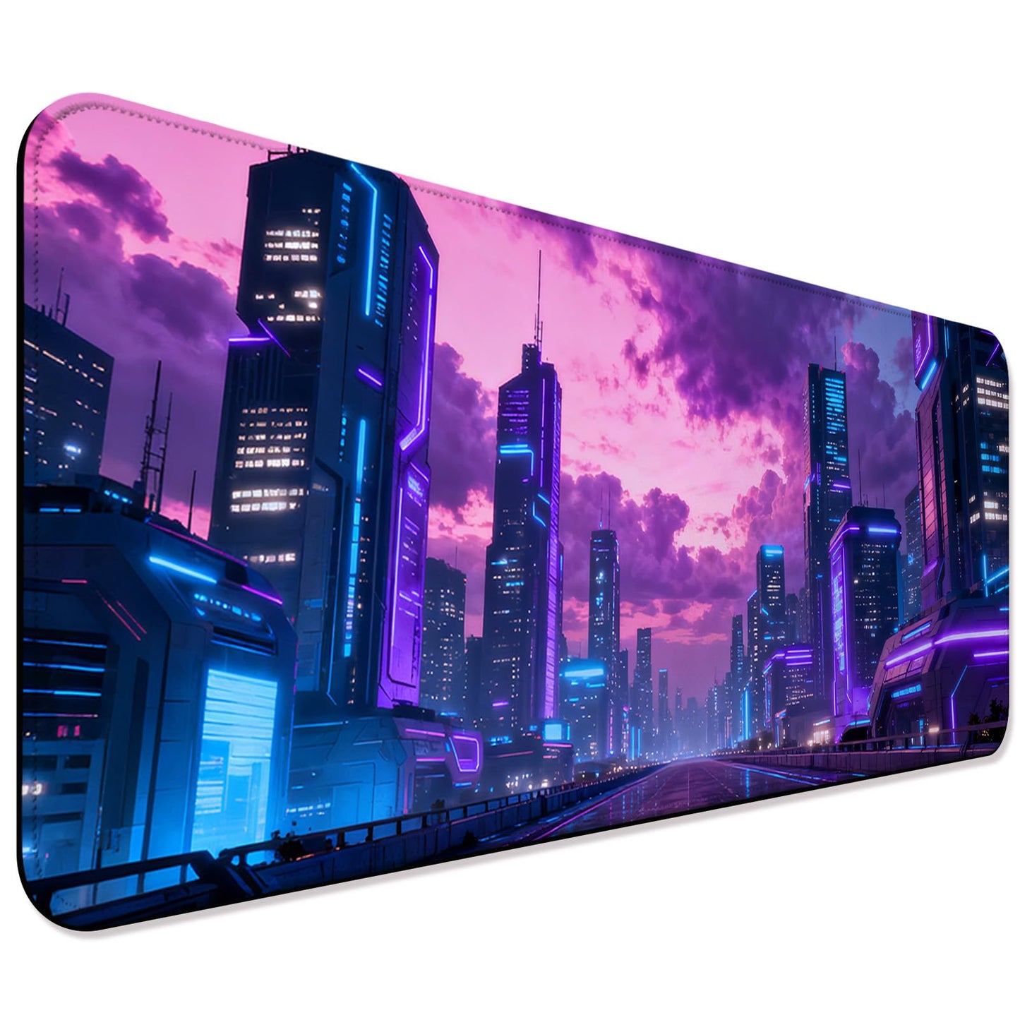 JIANG100 Cyberpunk City Scene Gaming Desk Mat, Extended Mouse Pad, Purple