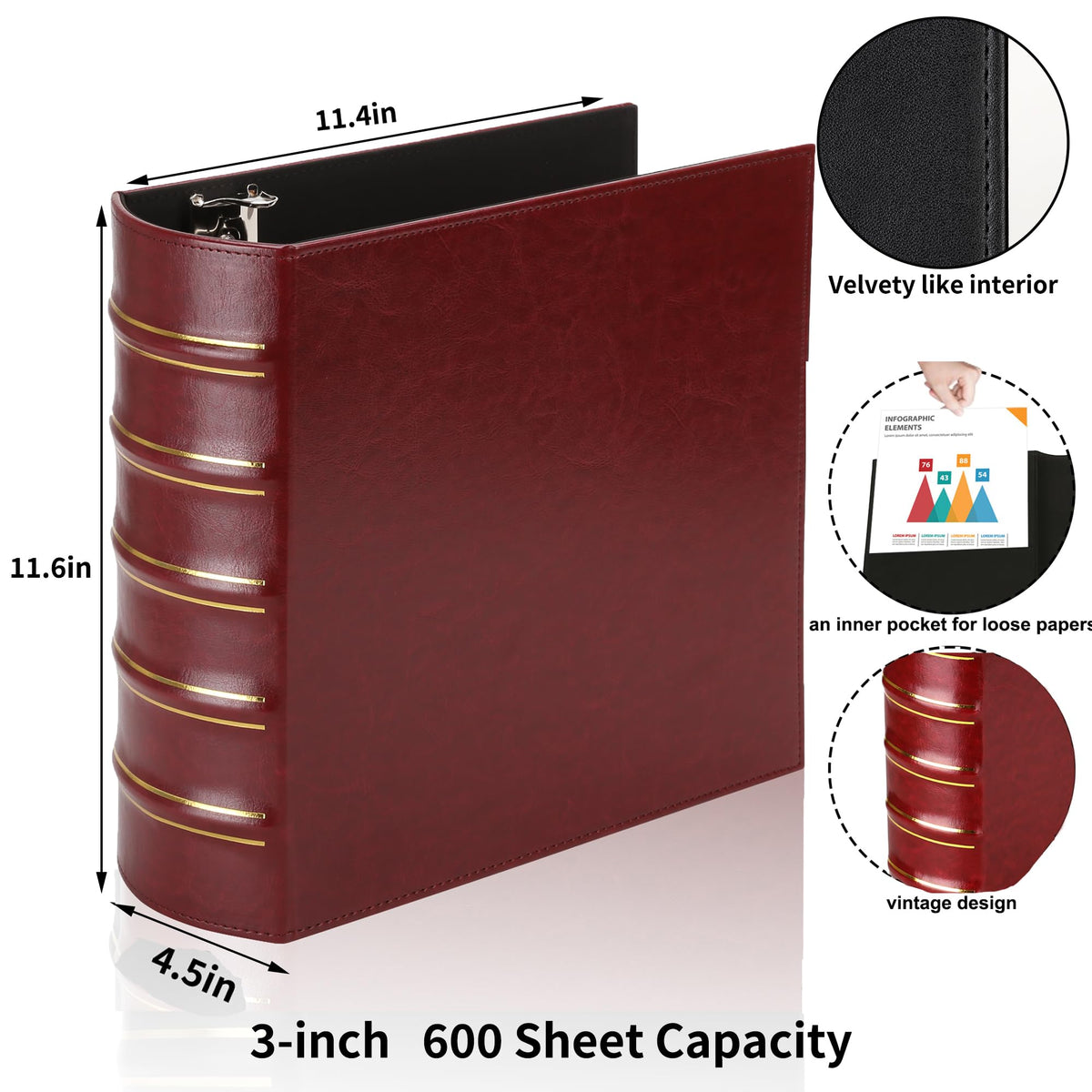LETVPVOW Vintage Hardback 3 Ring Binder 3 Inch, Professional Leather Binder 3 Ring, Three Ring