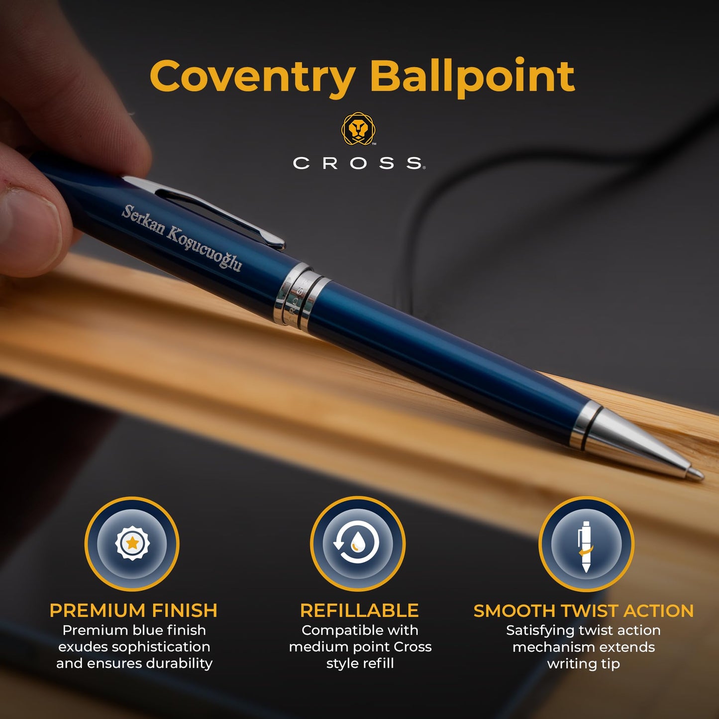 Cross Coventry Personalized Ballpoint Pen in Blue Lacquer with Chrome Trim