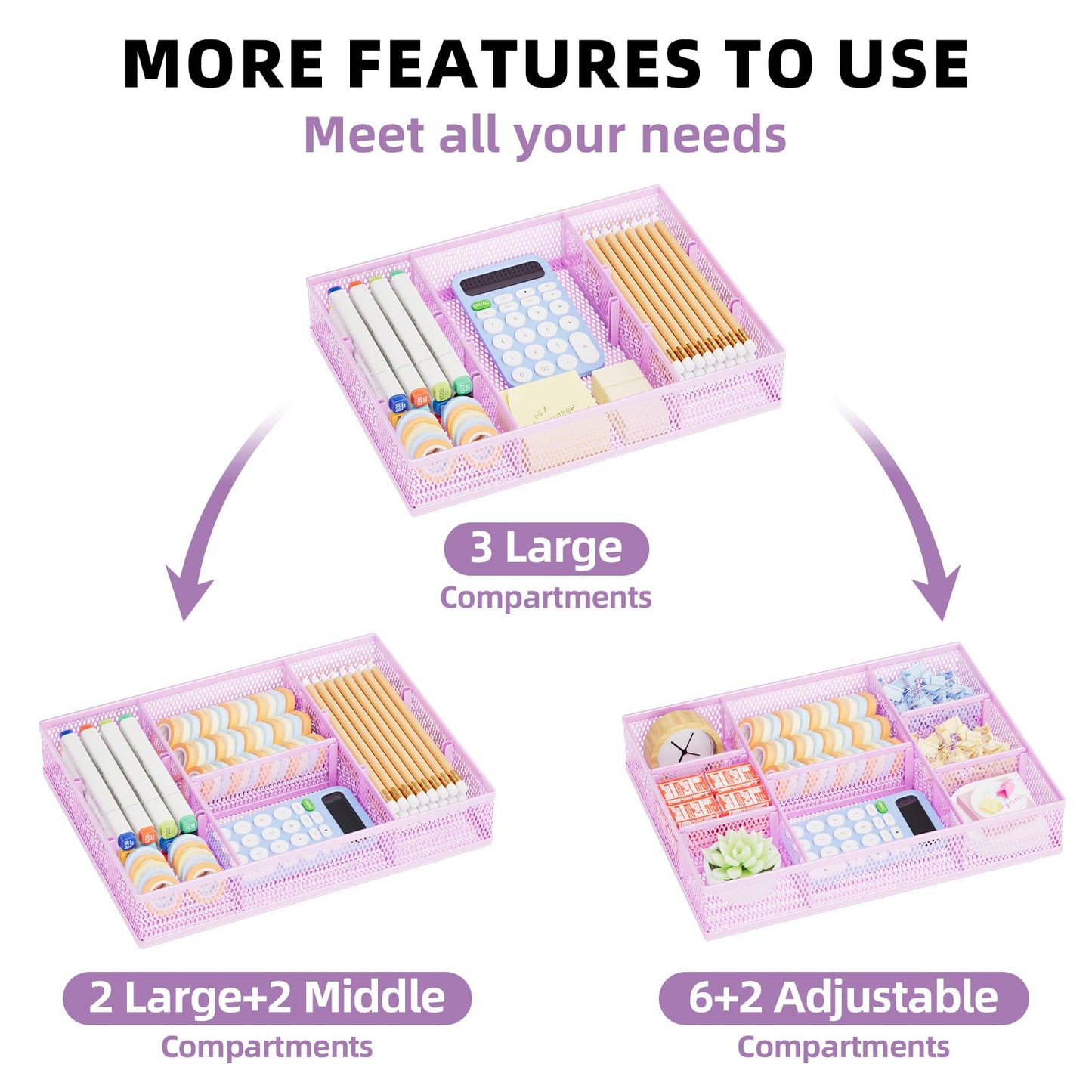 Marbrasse 2 Pack Desk Drawer Organizer, Mesh Drawer Organizer Tray with 8 Adjustable Compartments