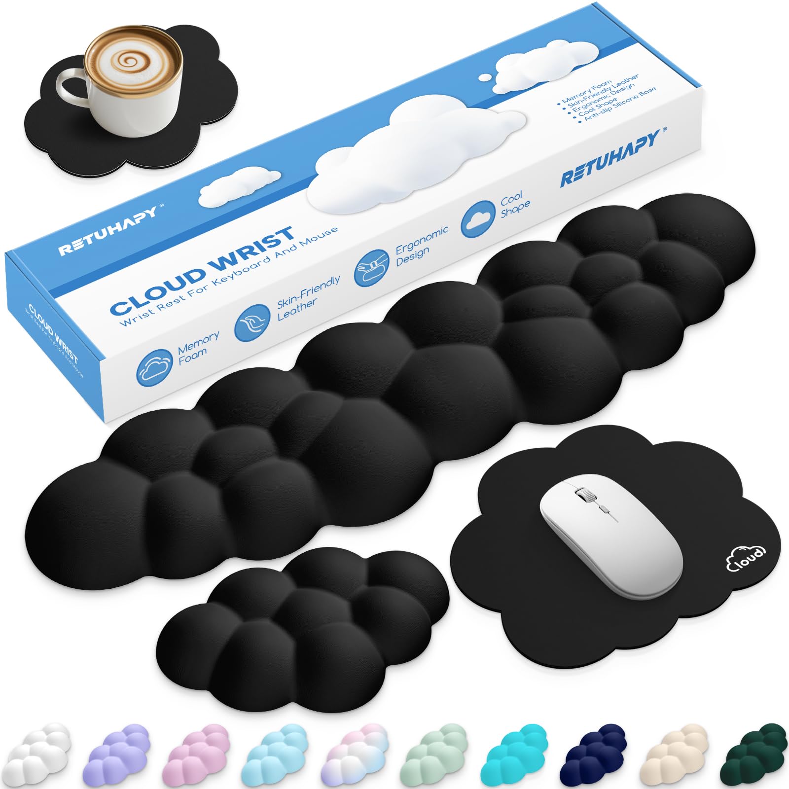Retuhapy Cloud Wrist Rest Keyboard Cushion and Cloud Mouse Pad, Black