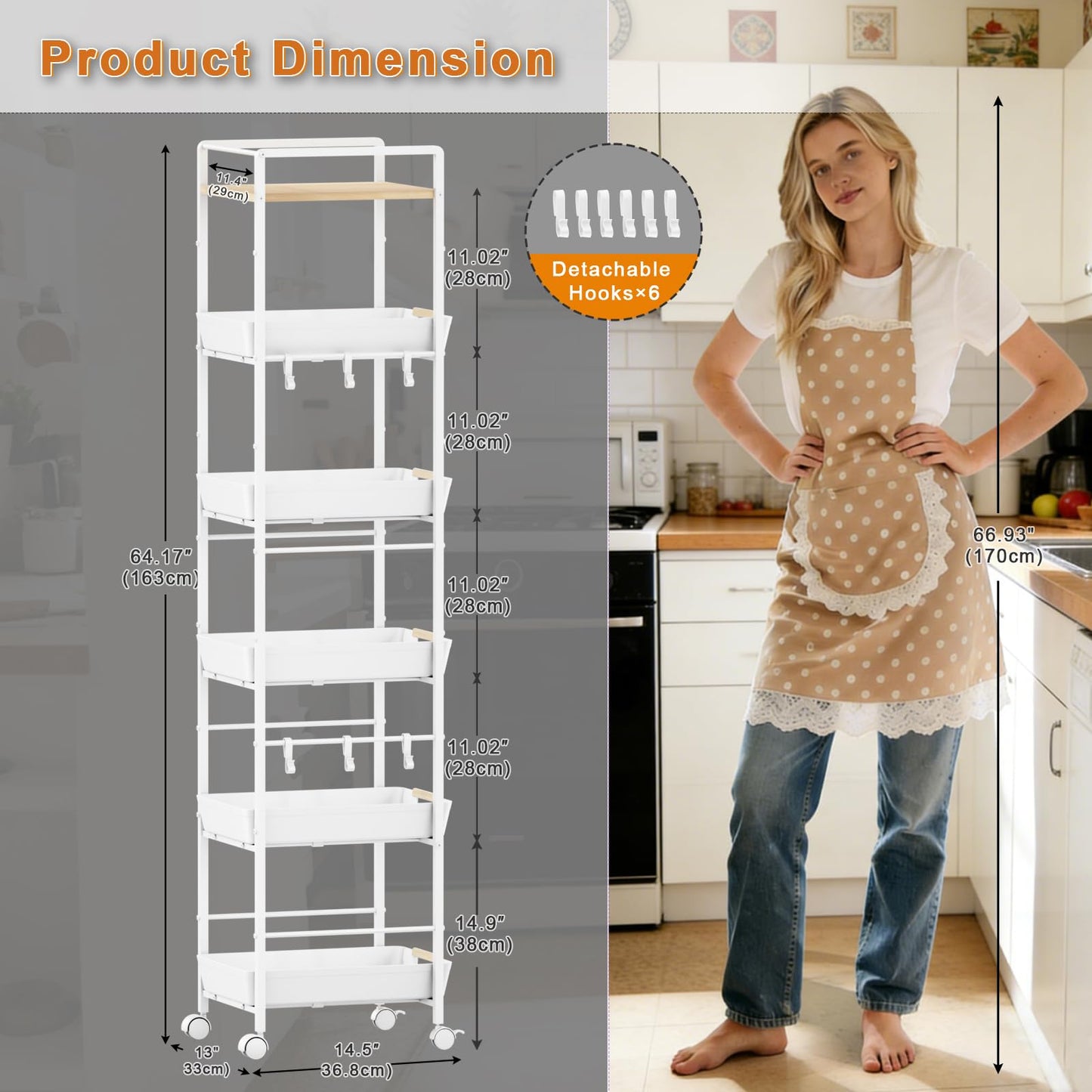 MAYBOSS 6-Tier Slim Rolling Storage Cart with Wheels, Metal Organizer Tall Rolling Cart, Wood Top