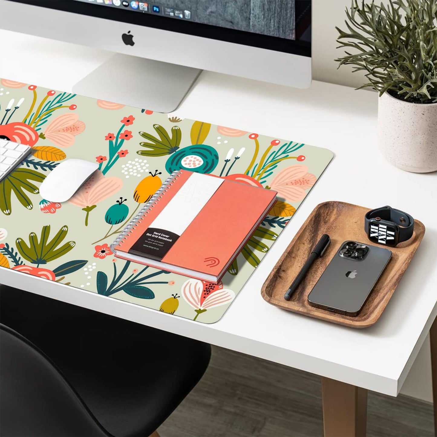 Floral Desk Mat, Large Non-Slip Leather Desk Pad Green 23.6"x11.8"