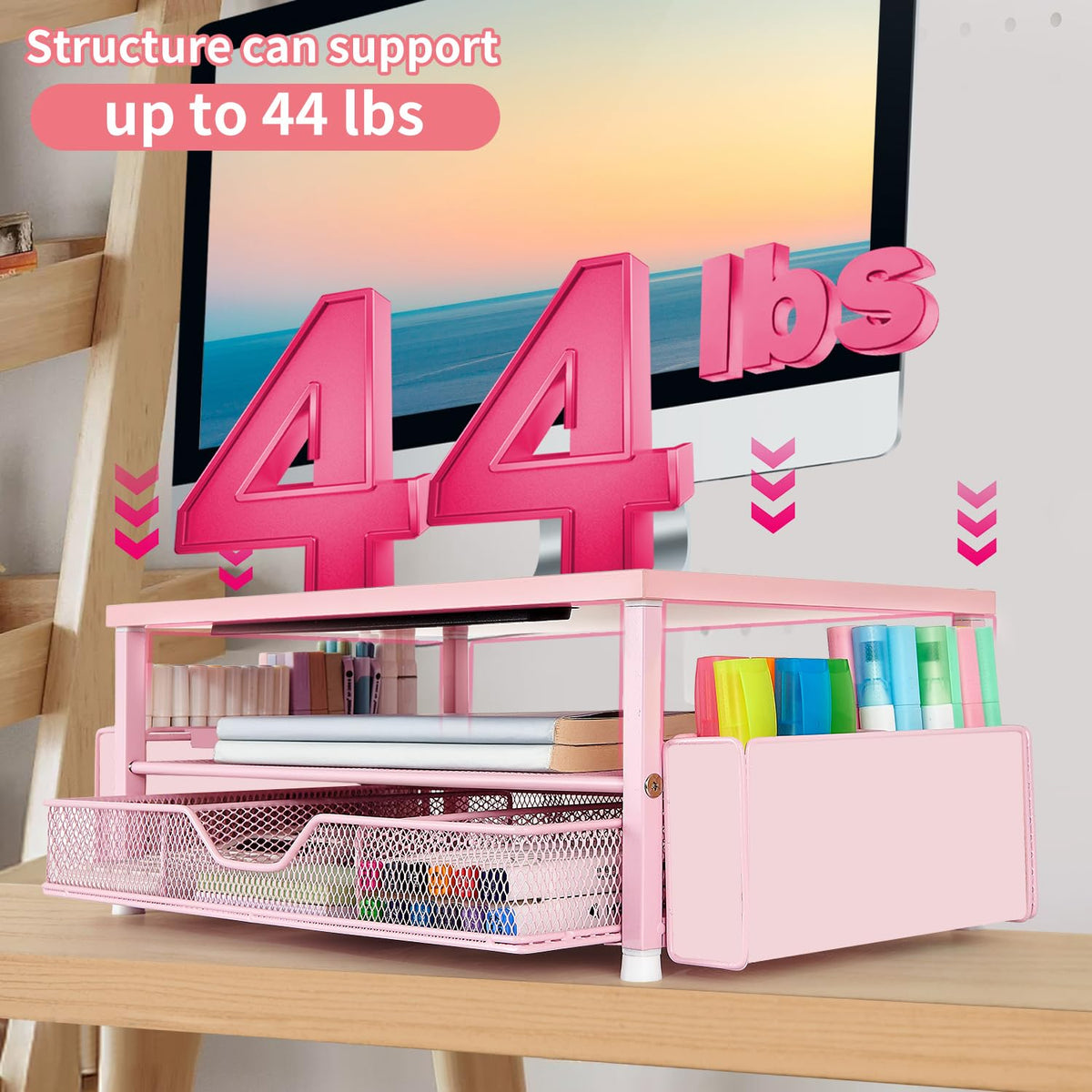 AUPSEN Pink Desk Organizers and Accessories, 2-Tier Wood Computer Monitor Stand with Drawer, Pen