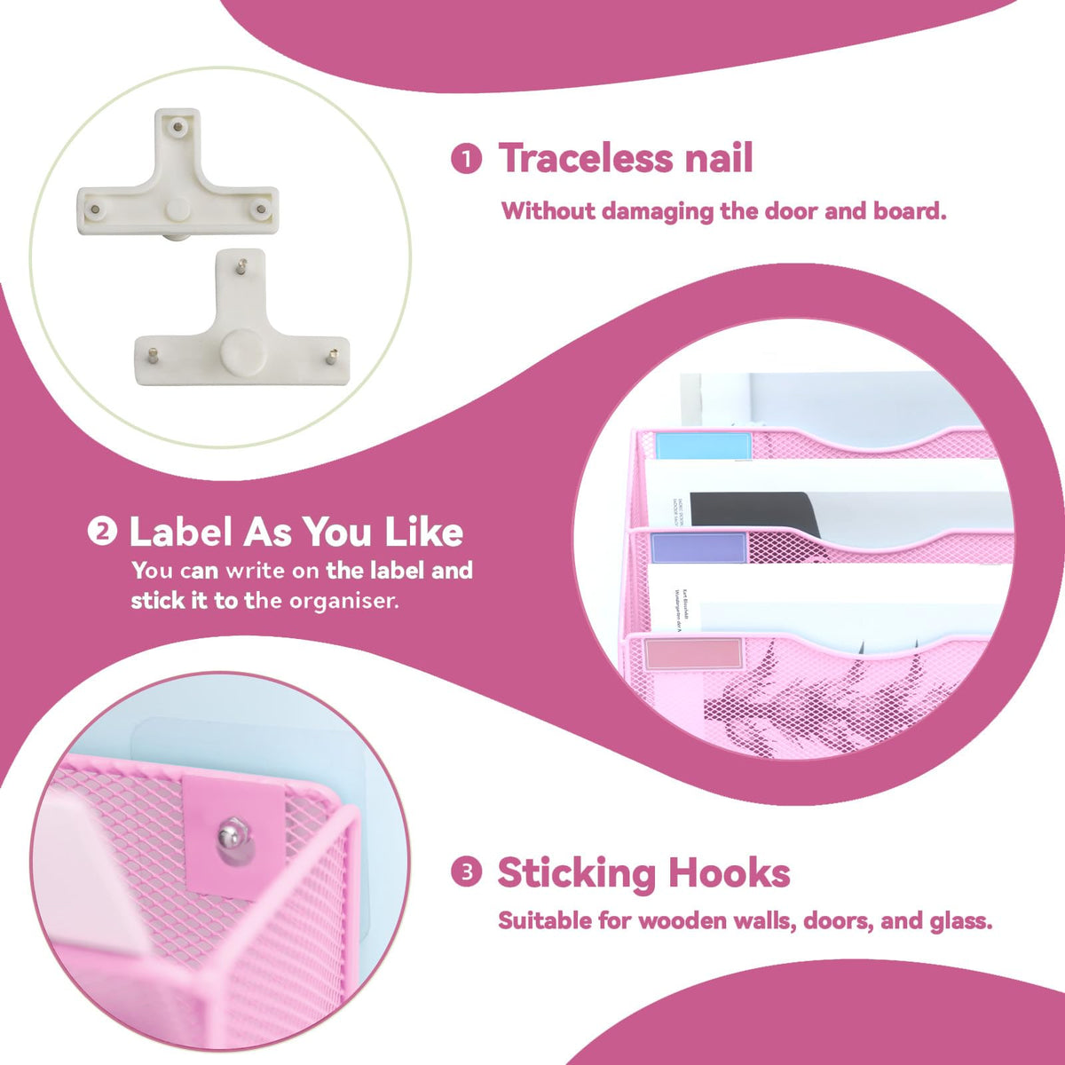 ideallife 3 Pockets Mesh Wall File Holder Organizer Office Hanging File Folder Magazine Rack