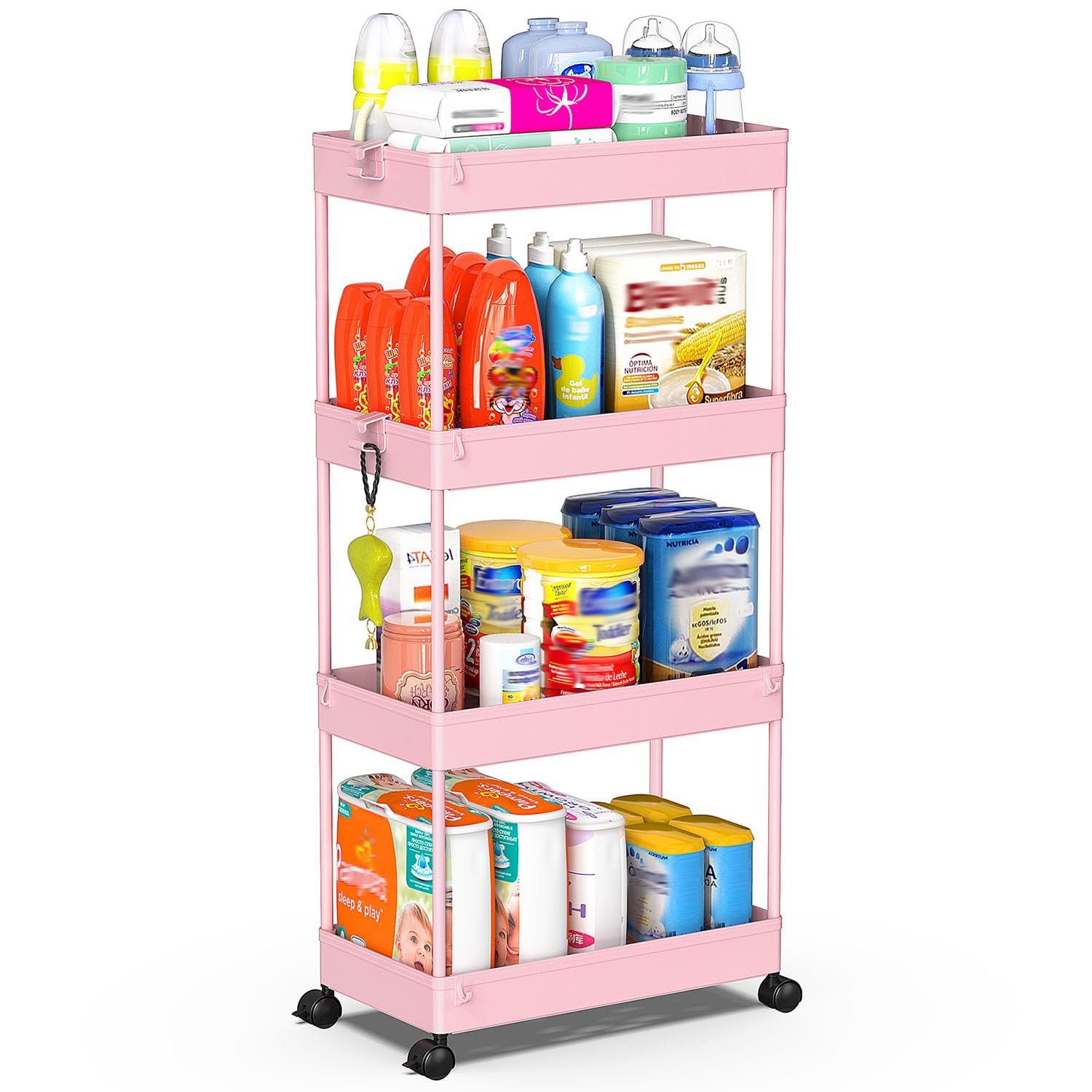 SPACEKEEPER 4 Tier Rolling Cart, Bathroom Cart Organizer with Wheels, Pink