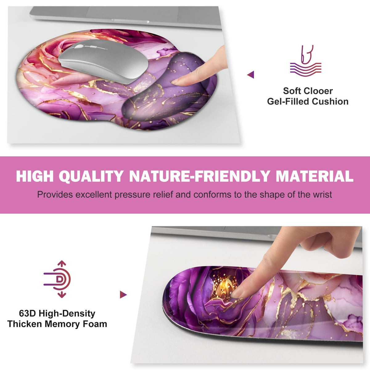 Gaming Mouse Pad Large Desk Mat, Cute Purple Marble Rose Desk Pad Protector