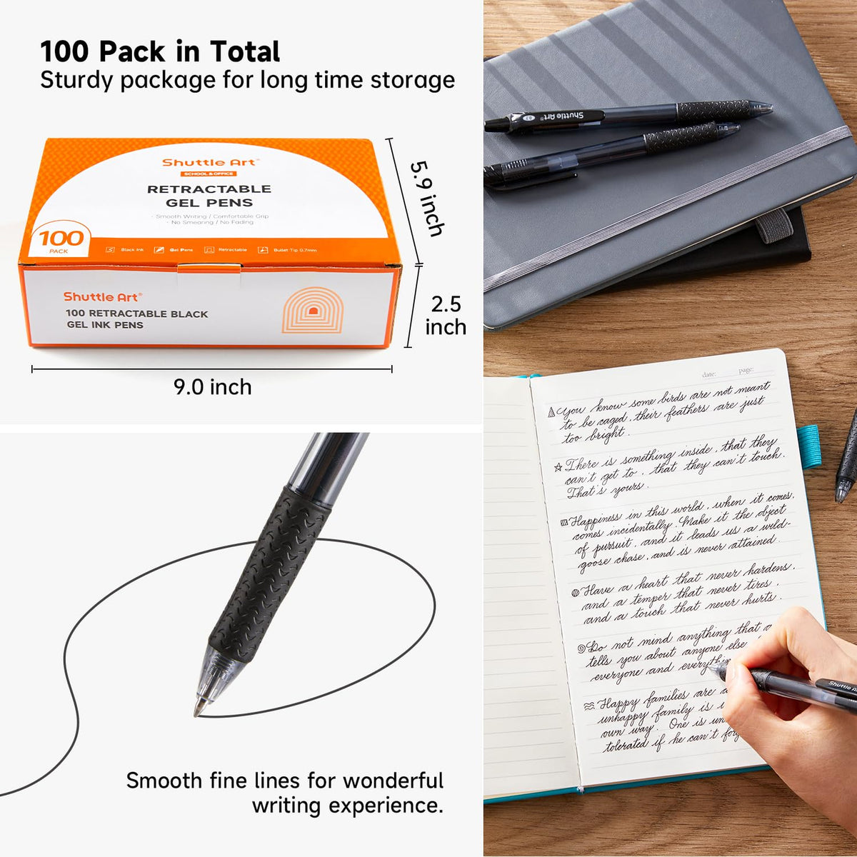 Shuttle Art Black Gel Pens, 100 Pack Retractable Medium Point Rollerball Gel Ink Pens Smooth