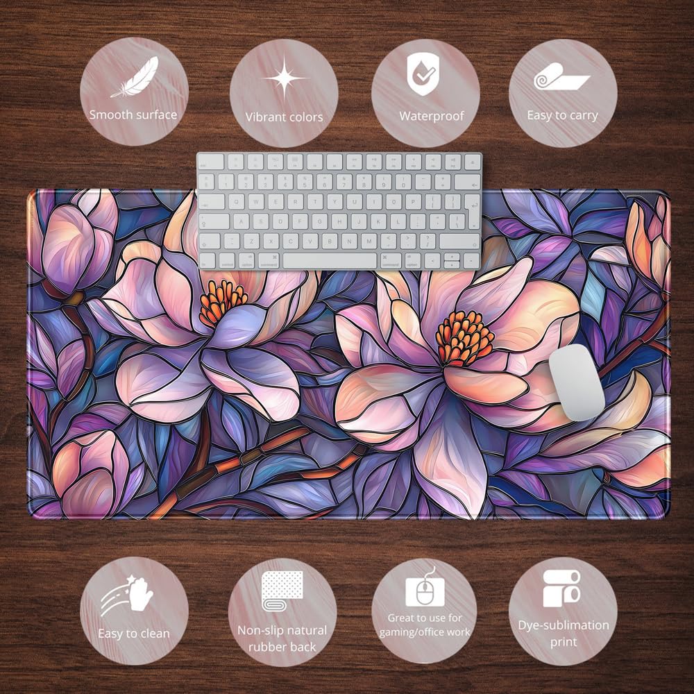 Floral Desk Mat Gaming Faux Stained Glass Artistic Patterns Large Mouse Pad