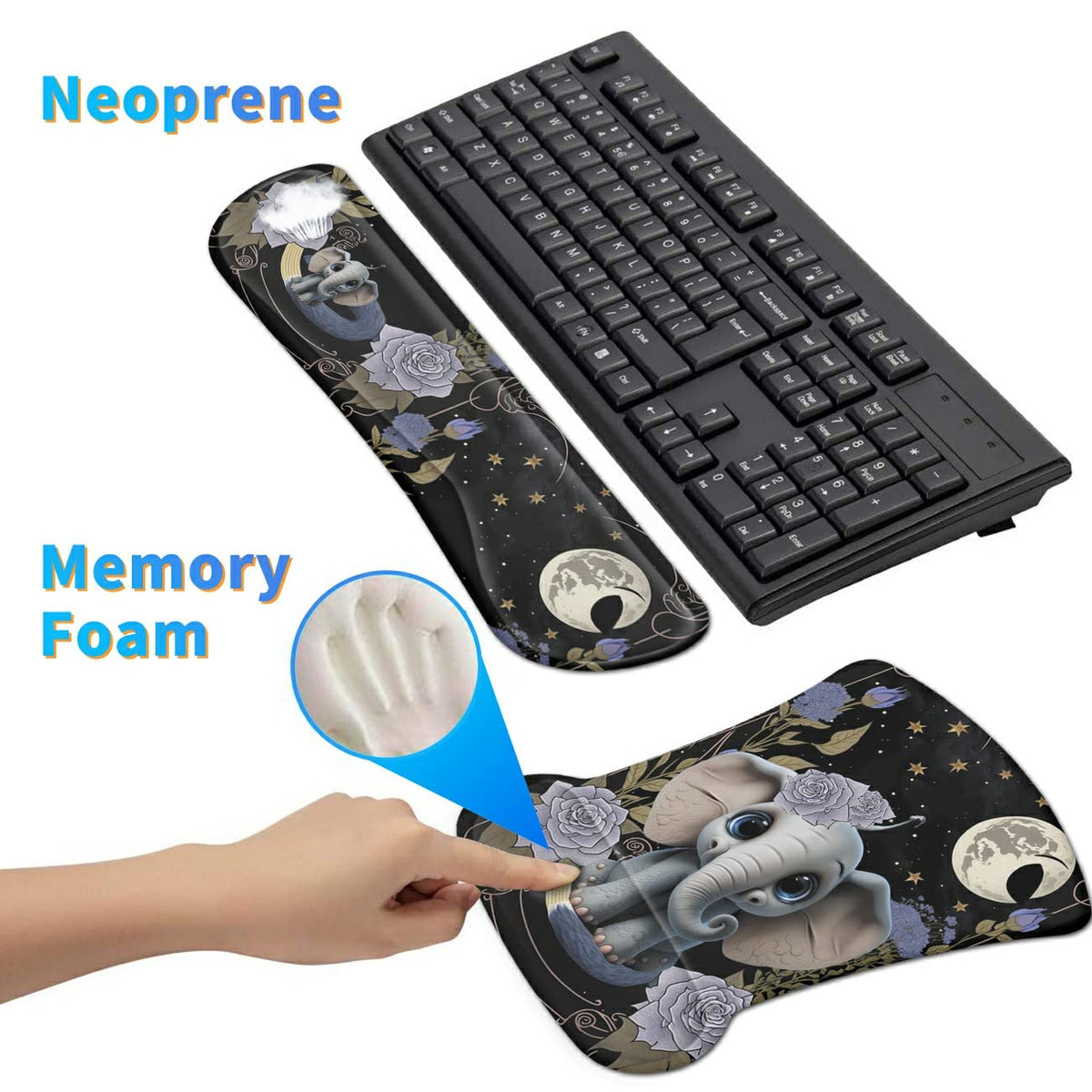 3Pcs Ergonomic Memory Foam Keyboard Wrist Rest Pad Set, Flower Elephant