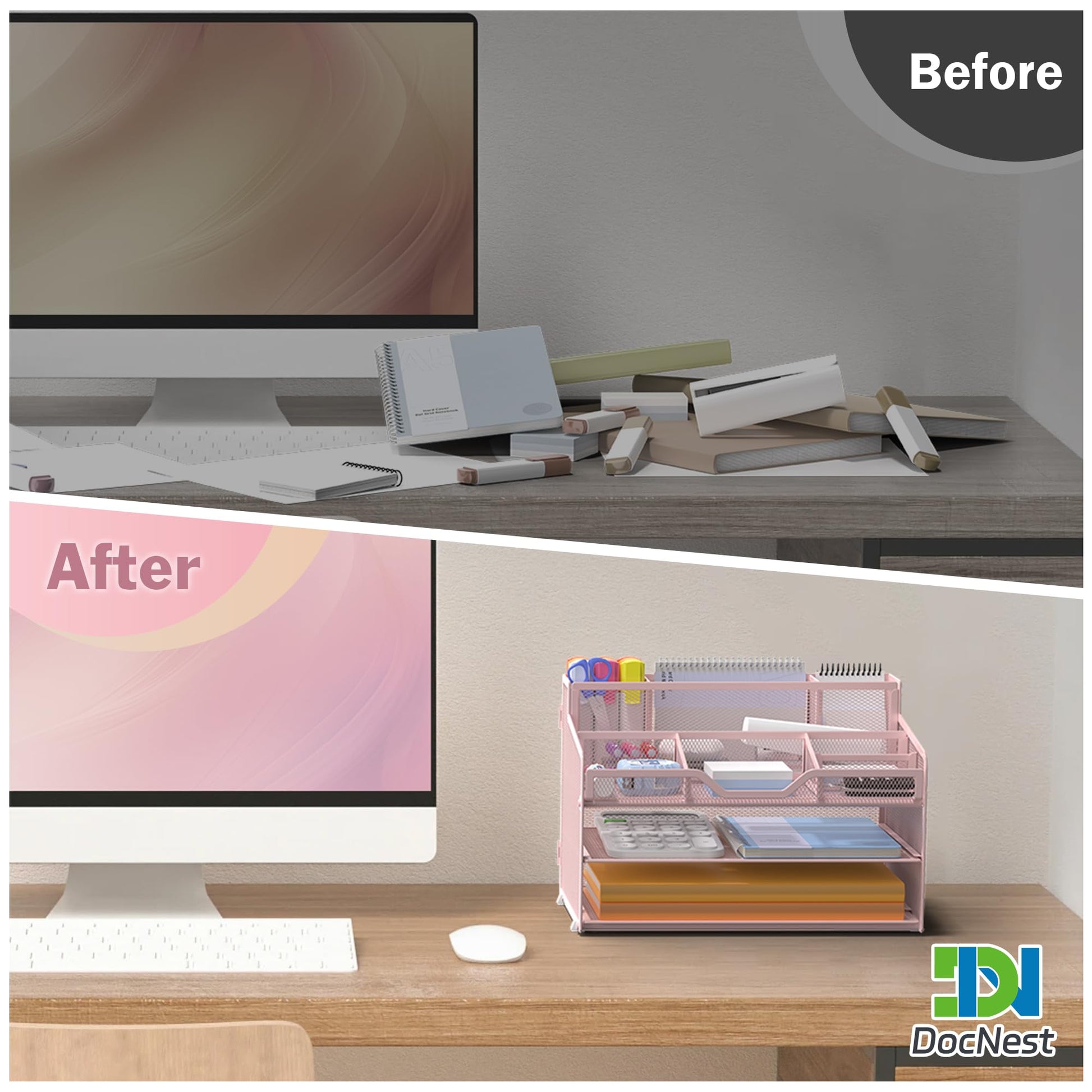 Docnest 3 Tier Mesh Desk Organizer with Letter Tray & Paper Sorter, Pink
