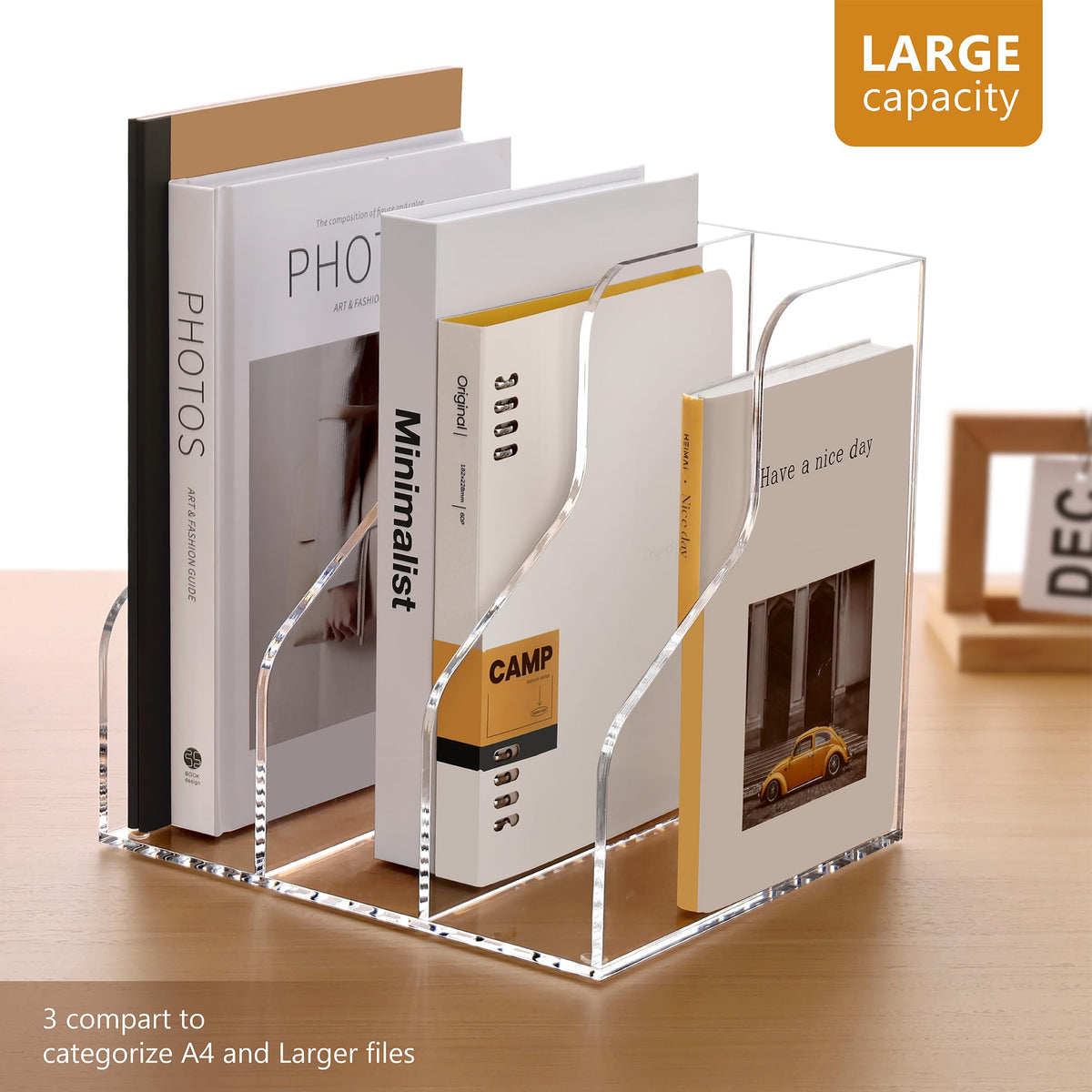 SANRUI Acrylic File Organizer, Clear Magazine Holder with 3-Section, A4