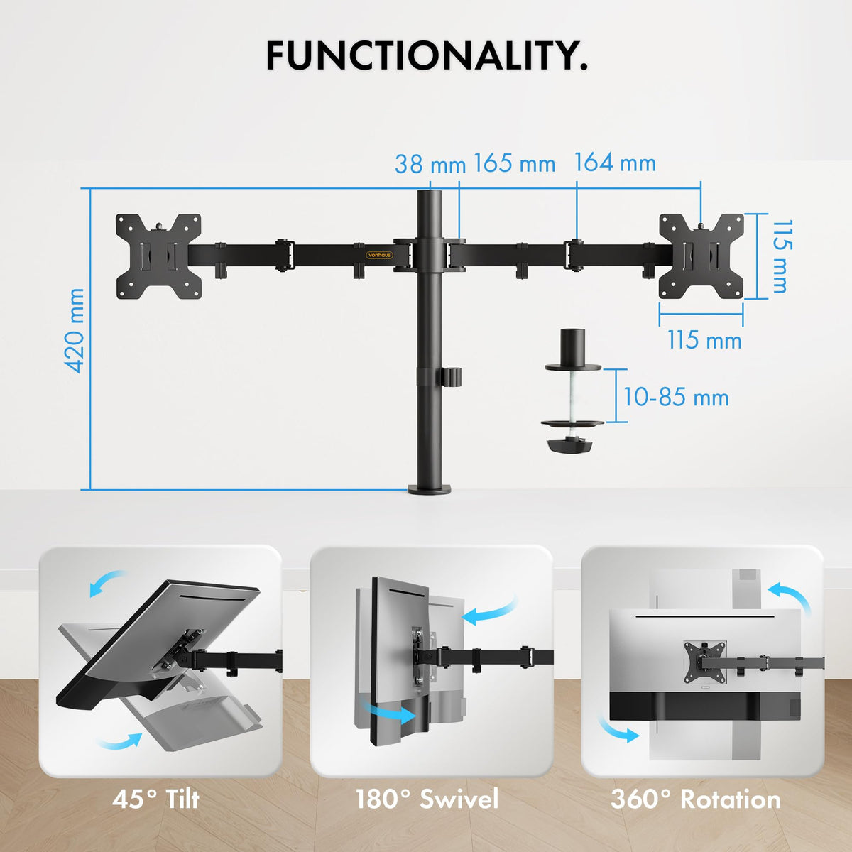 VonHaus Dual Monitor Mount for 13-32” Screens - Double Arm Desk Stand Bracket with Clamp