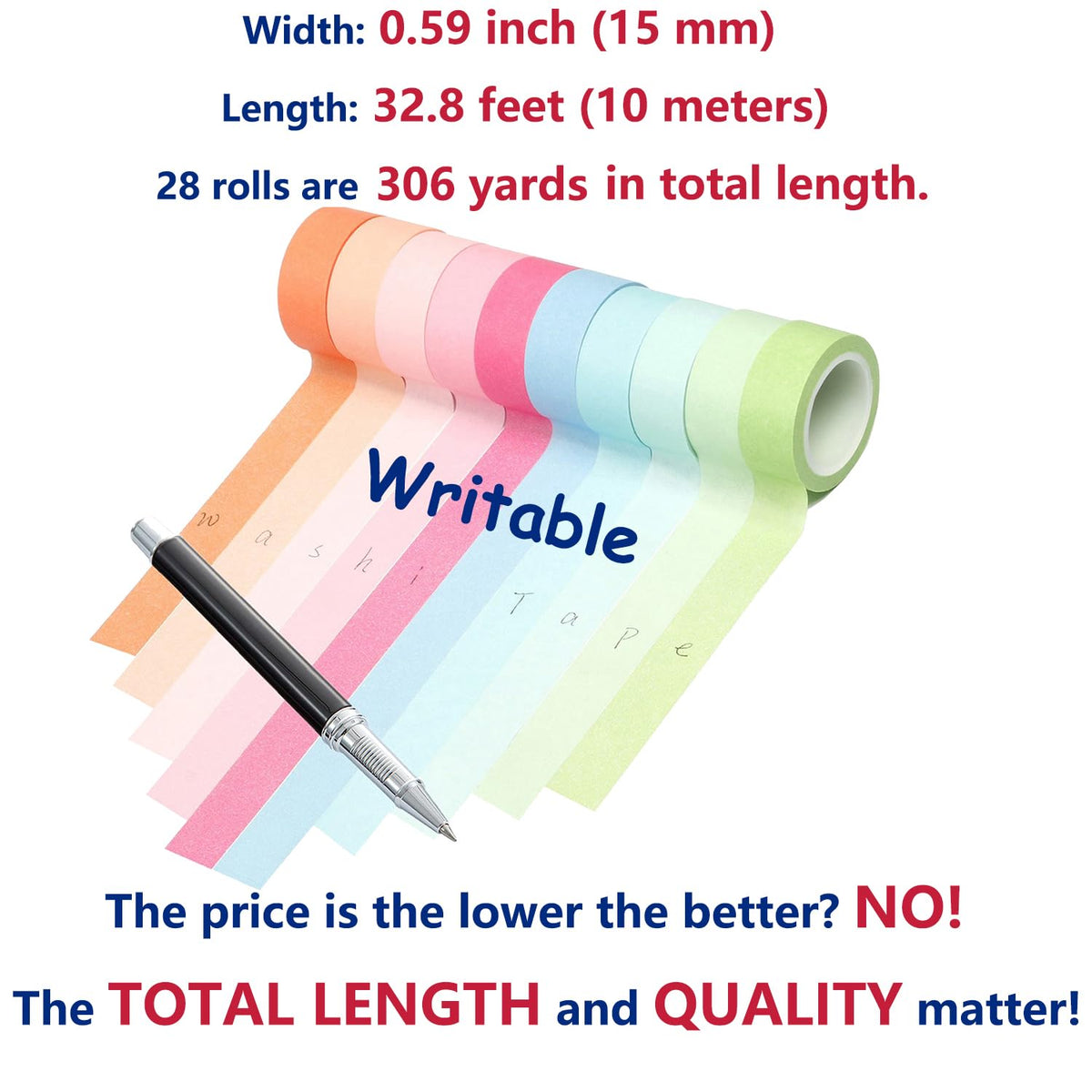 YUKUNTANG 28 Rolls Washi Masking Tape Set, 15mm 306 Yards Colorful Rainbow Pastel Decorative