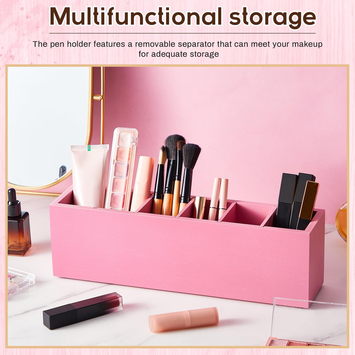 Jetec Wooden Pencil Pen Holder for Desk, Pink, 6 Compartments