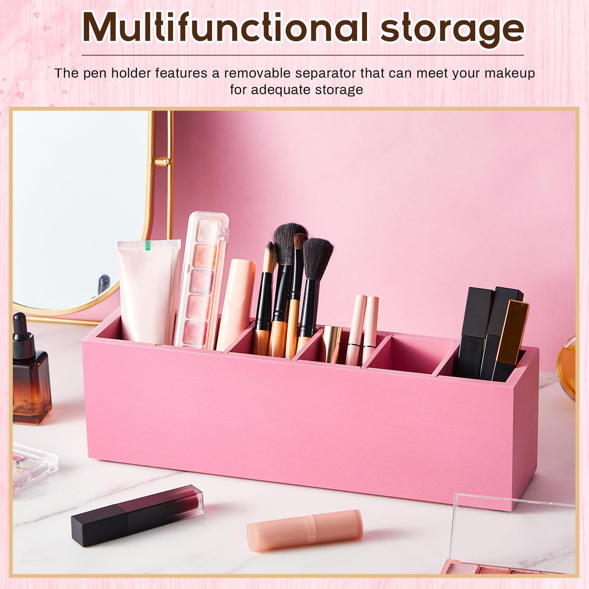 Jetec Wooden Pencil Pen Holder for Desk, Pink, 6 Compartments