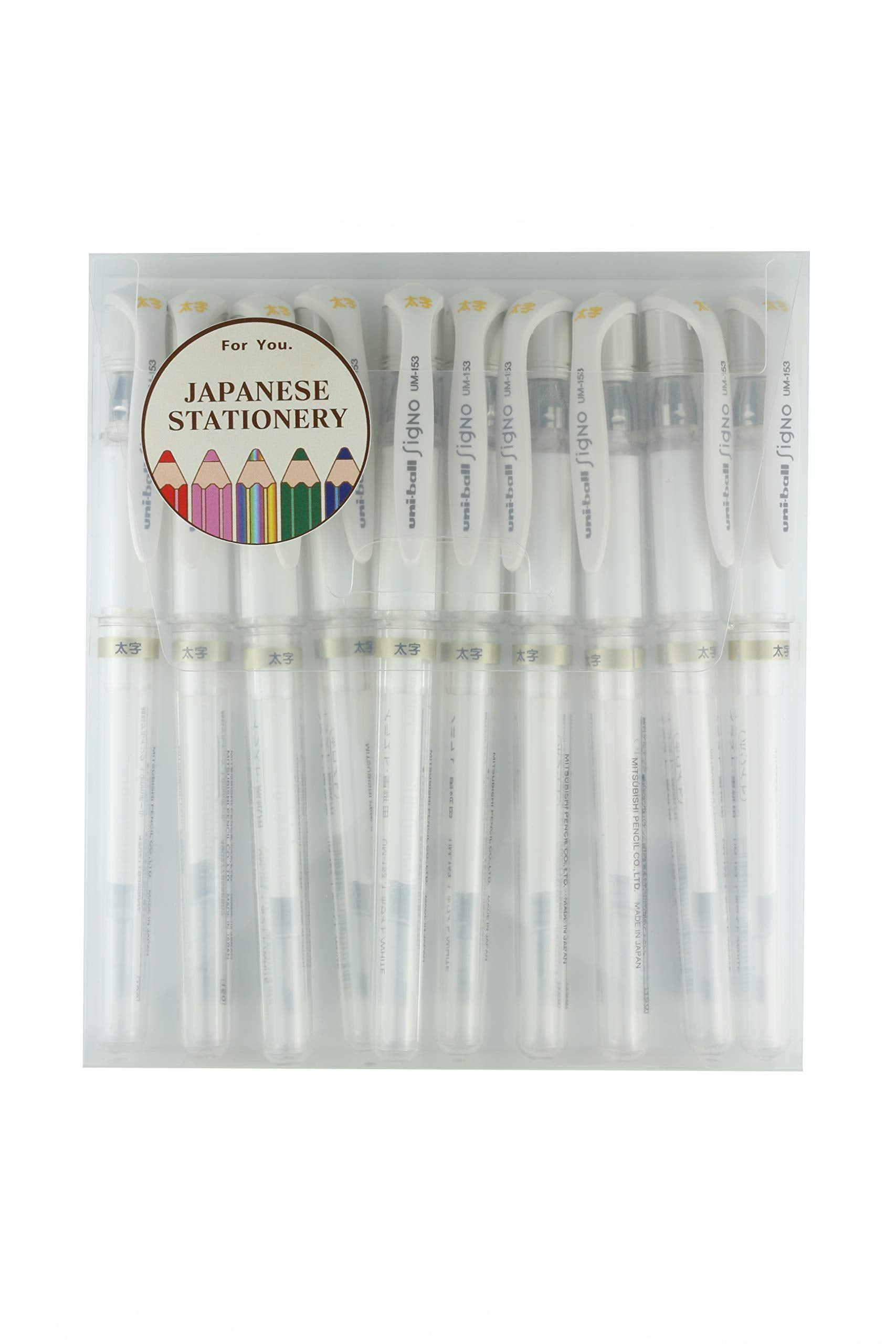 Uni Ball Signo UM-153,1.0mm, Gel Ink Rollerball Pens, White, 10 Set with MIYABI Stationery Original