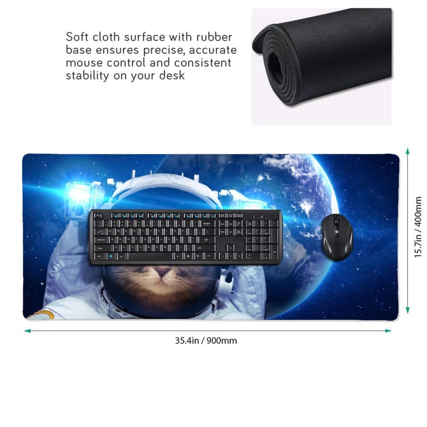 Aesthetic Funny Space Cat Mouse Pad Design Desk Mat 35.4x15.7 Inch Large Mousepad with Stitched
