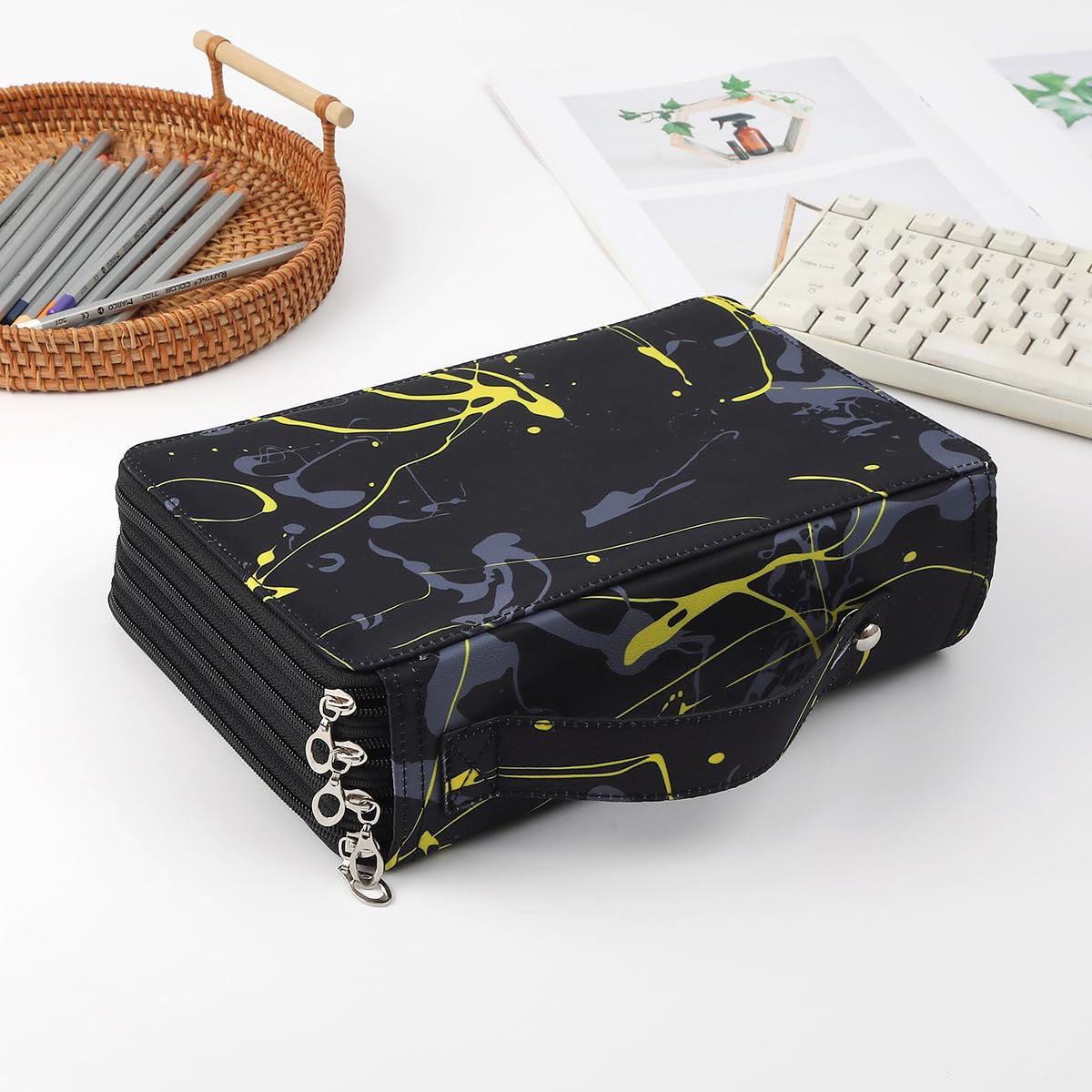 Lbxgap 200 Slots Canvas Pencil Case 4-Layer Zipped Holder w/Handle