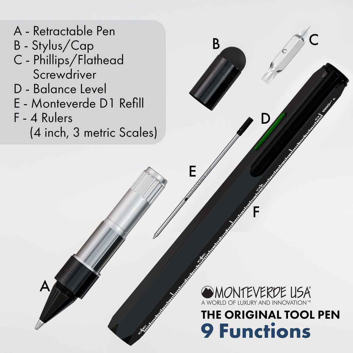 Monteverde USA 9-in-1 Tool Ballpoint Pen in Black – Multifunctional Pen with Stylus, Screwdrivers