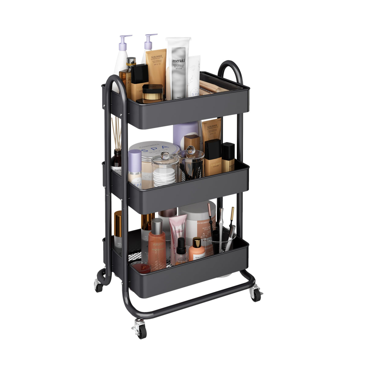MIOCASA 3-Tier Metal Utility Rolling Cart, Heavy Duty Multifunction Cart with Lockable Casters
