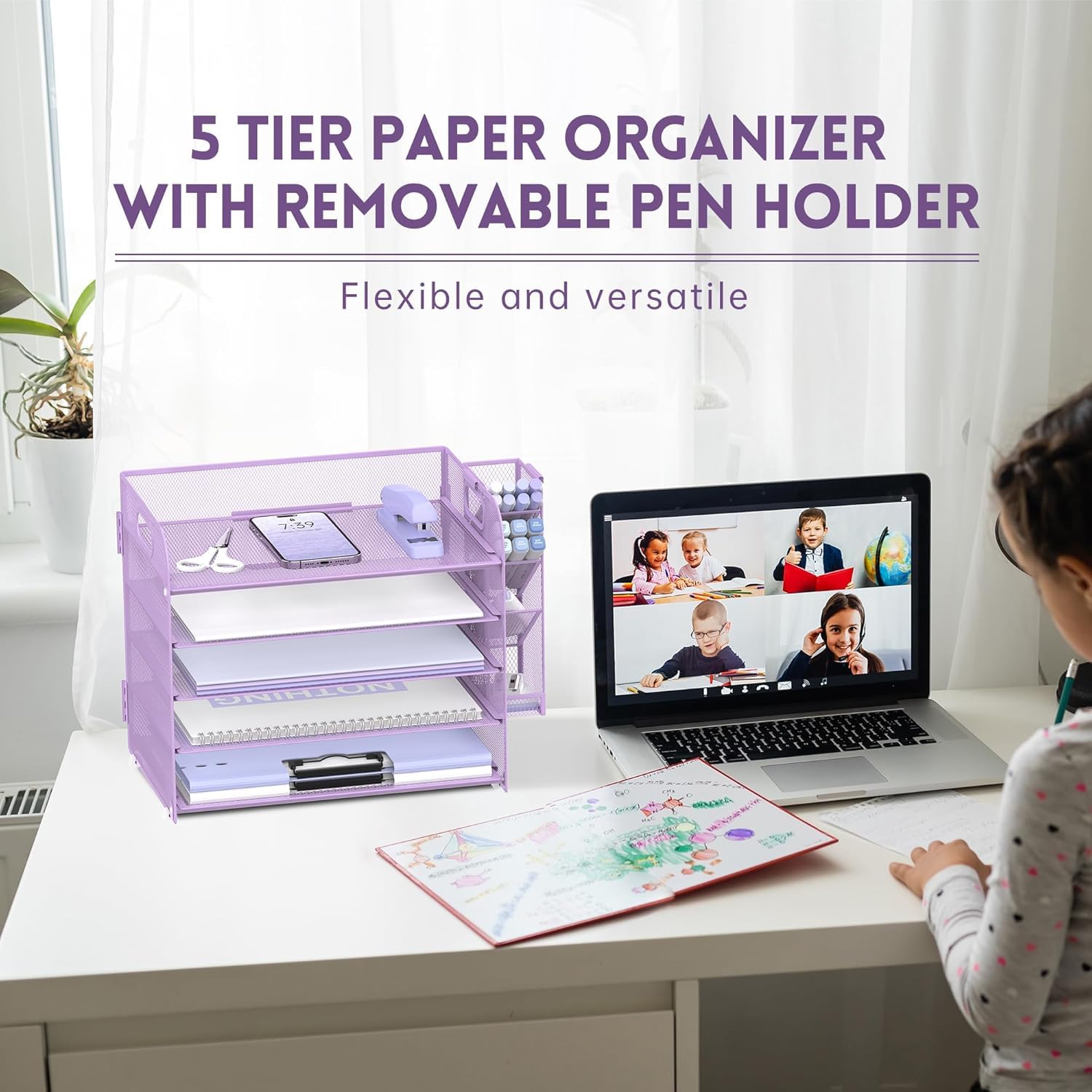 5-Tier Paper Organizer for Desk with Pen Holders, Letter Trays, Purple