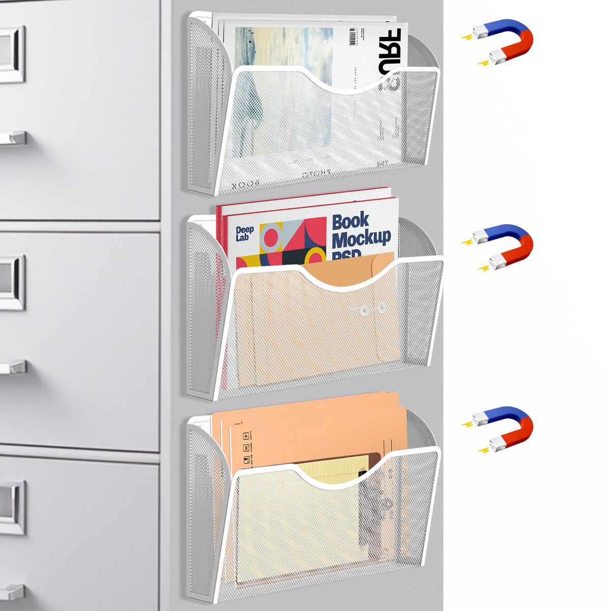 3 Pcs Magnetic File Holder for File Cabinets, Folder Holder Organizer- No Drilling Paper Document