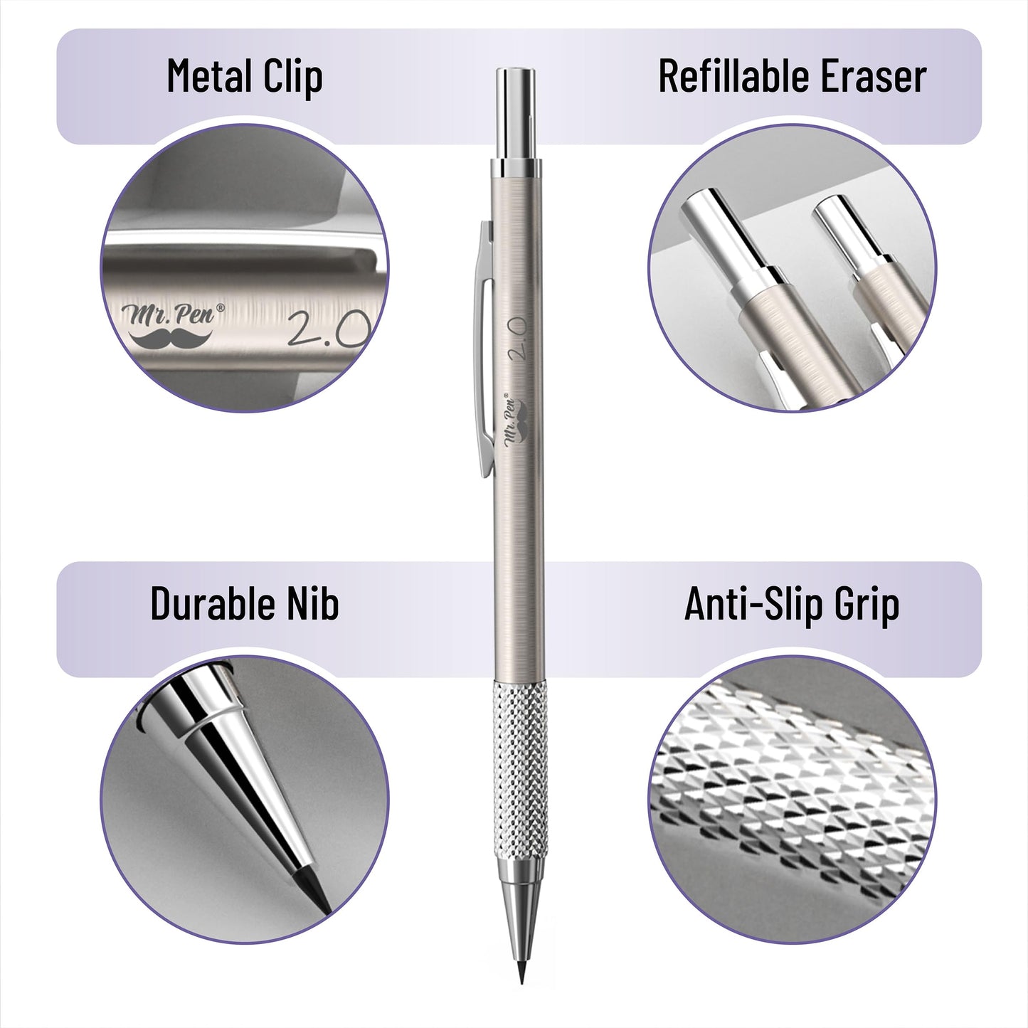 Mr. Pen- Metal Mechanical Pencil in Leather Case, 5 Pack, 5 Sizes, 0.3, 0.5