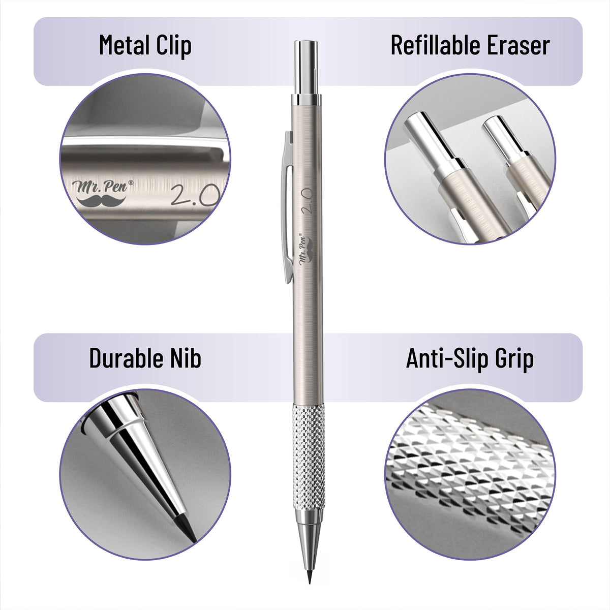 Mr. Pen- Metal Mechanical Pencil in Leather Case, 5 Pack, 5 Sizes, 0.3, 0.5