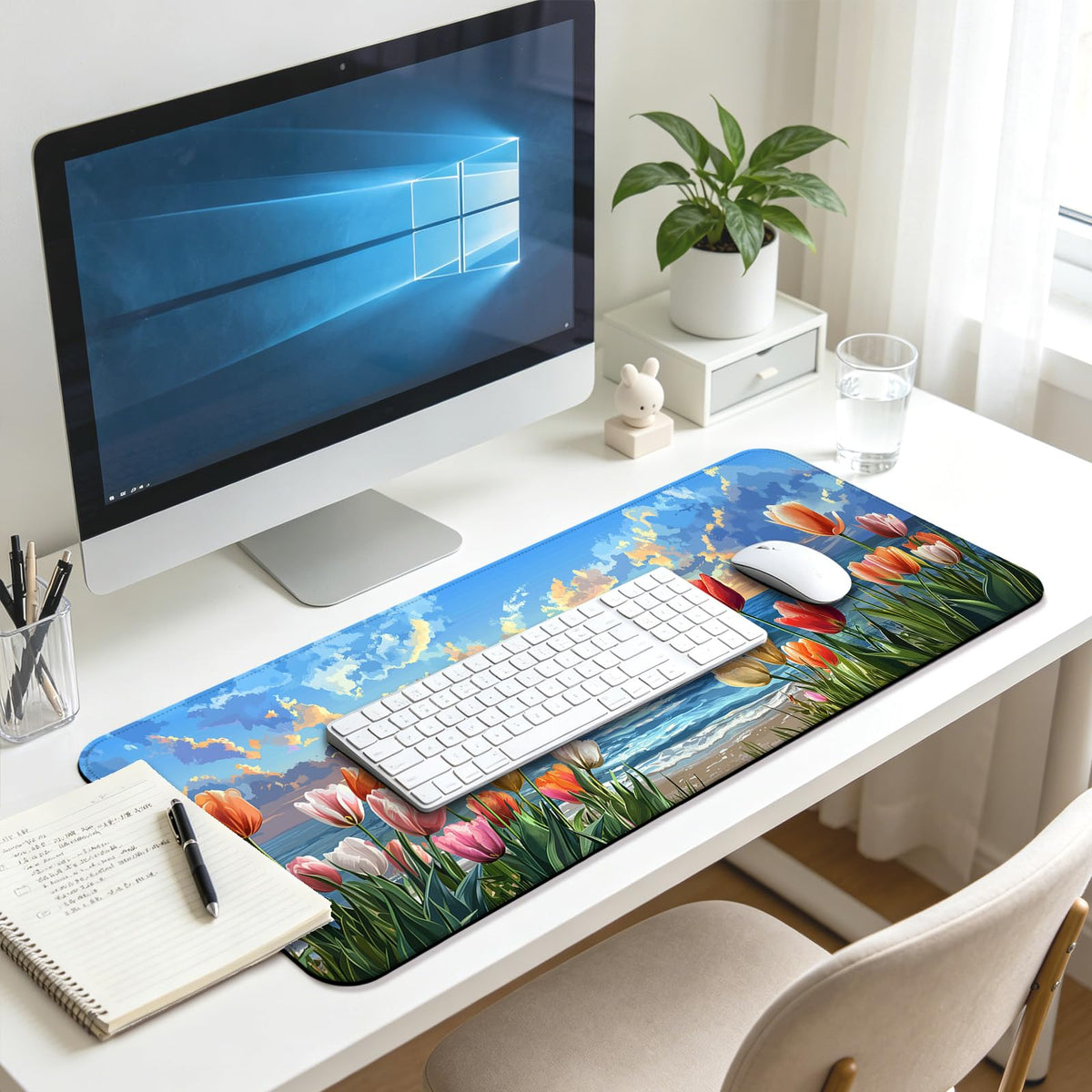 JIANG100 Tulips with Ocean Waves Gaming Desk Mat, Extended Mouse Pad, XL