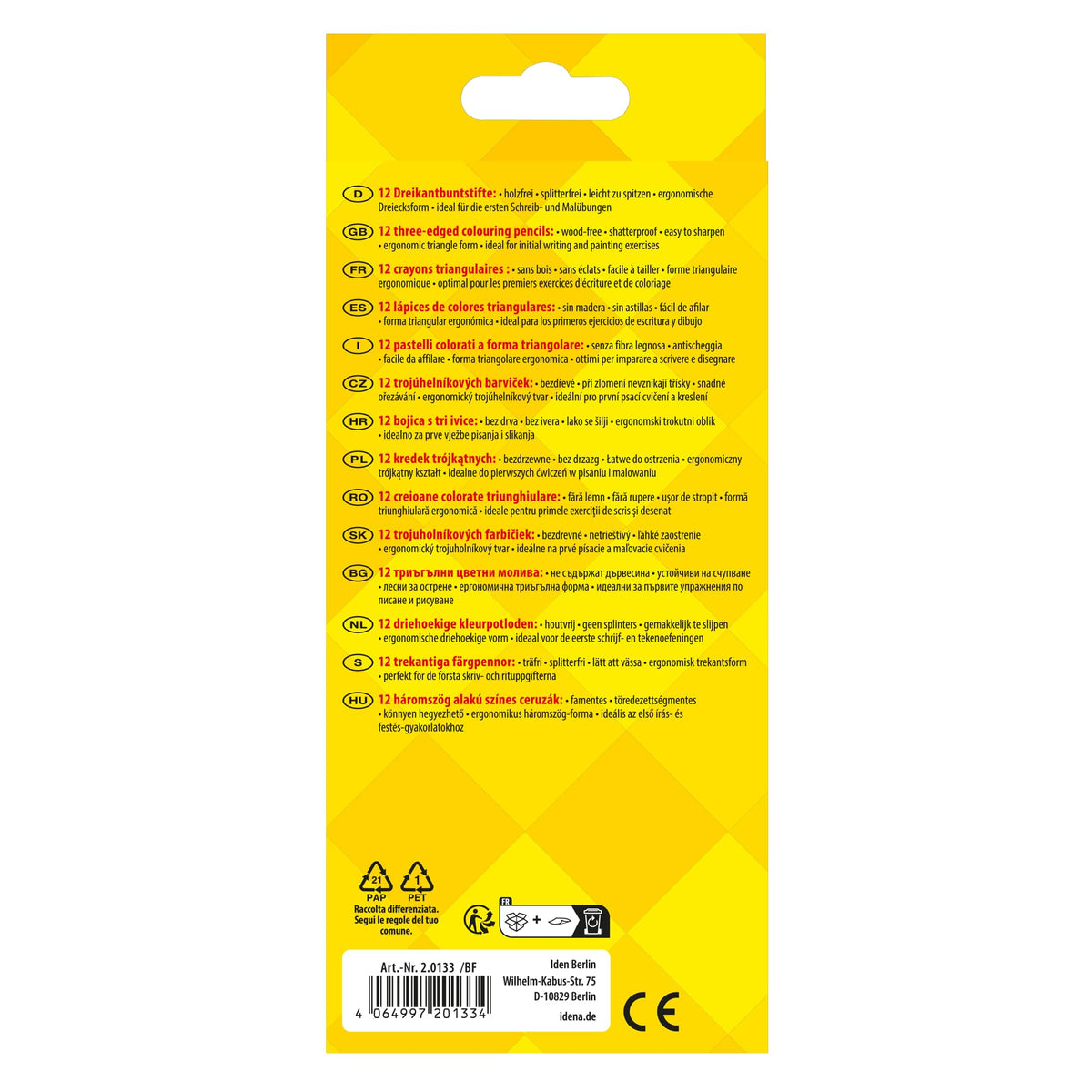 Idena 20133 Colouring Pencils in 12 Colours, Wood-Free Coloured Pencils in Ergonomic Triangle