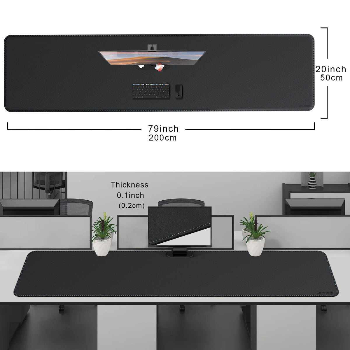 CENNBIE Leather Desk Mat, 78.7" x 19.6" Desk Mat on top of desks (Black)