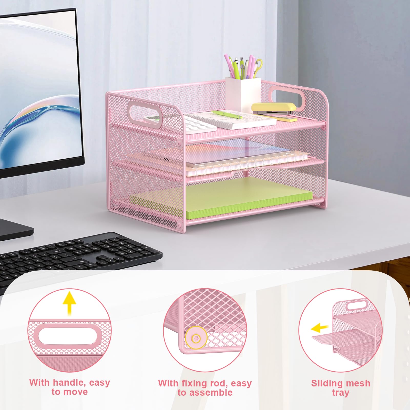 Samstar 3 Tier Pink Letter Tray Paper Organizer with Handle, Mesh Desk Organizer Paper Sorter File