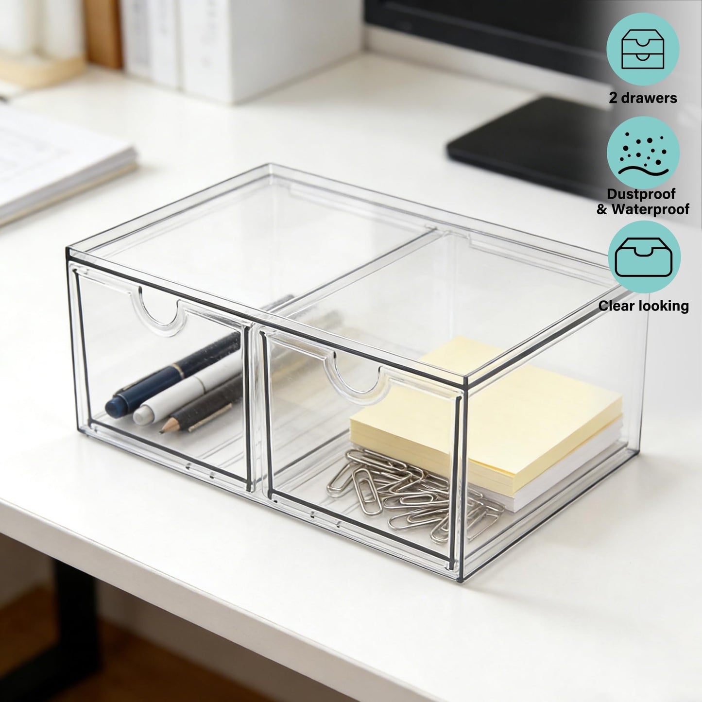 Prsildan Stackable Clear Makeup Organizer Acrylic Storage Drawers with 2 Drawers for Vanity
