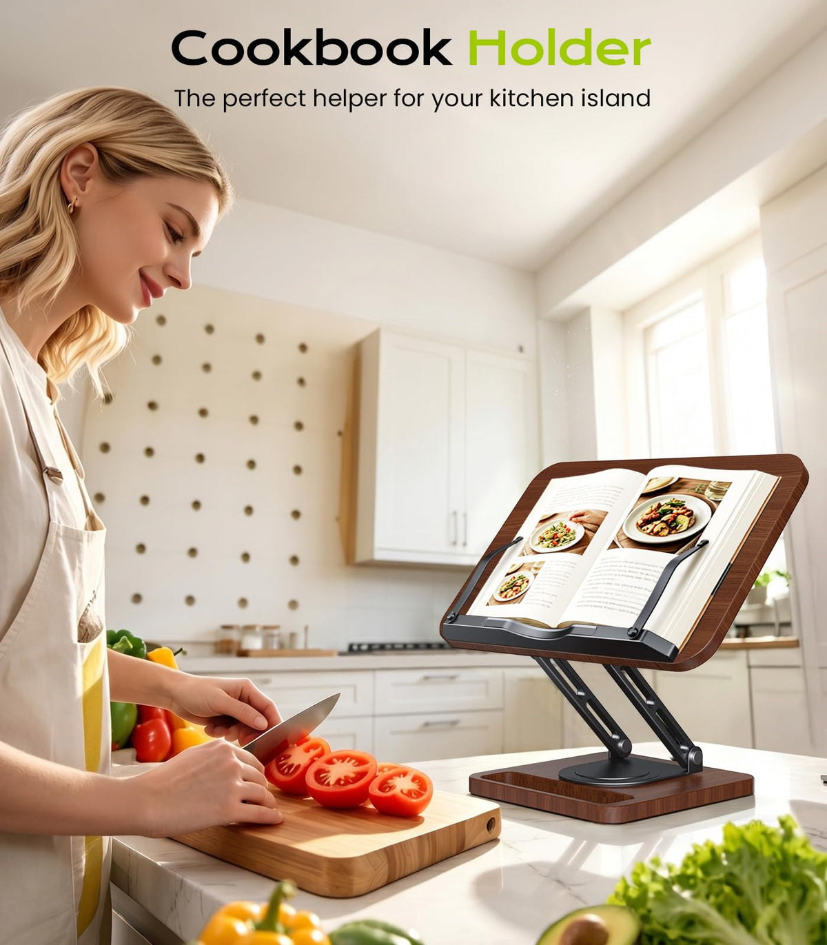 LOXP Book Stand with Storage, 360° Rotating Cookbook Stand, Ergonomic