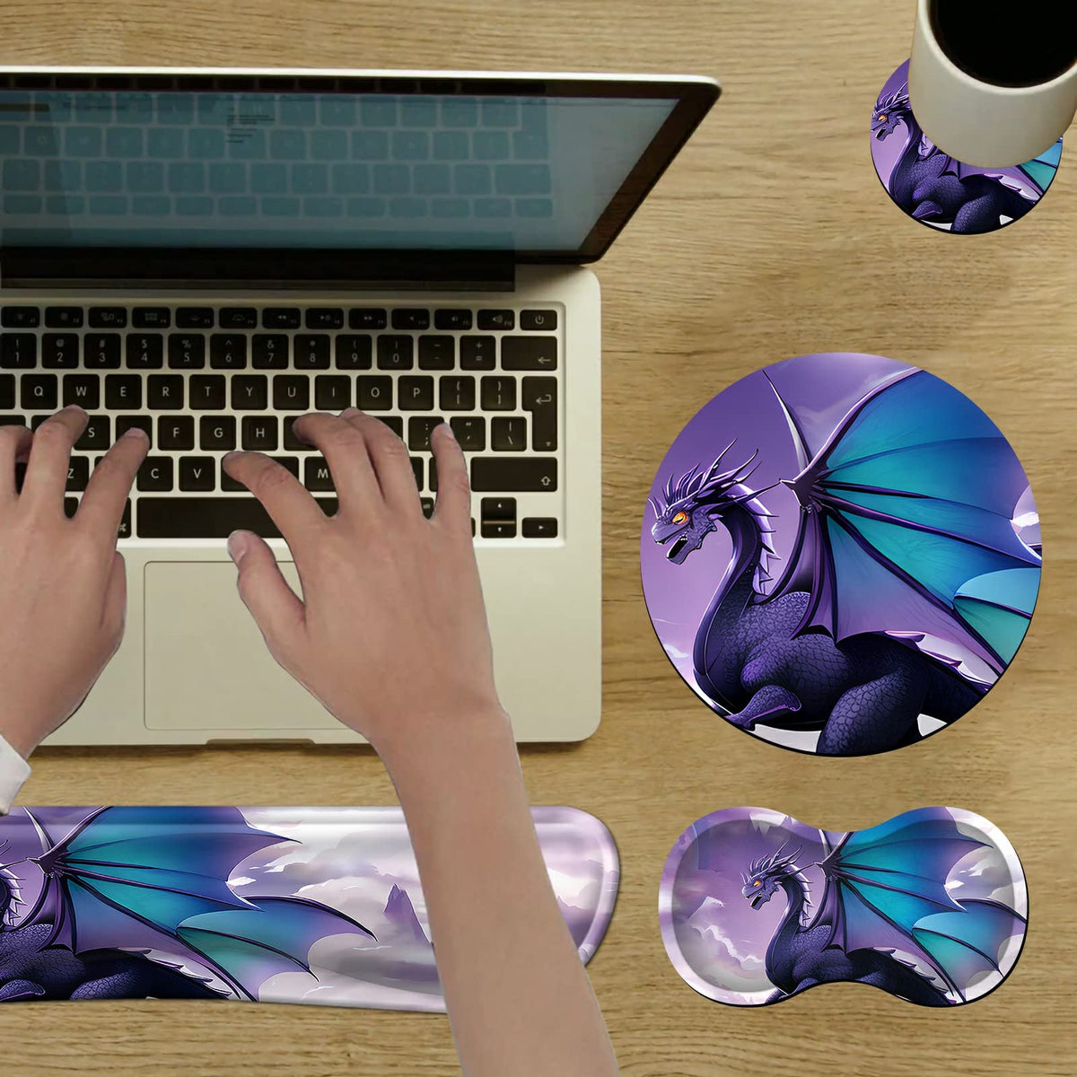 JYCUHTCL Mouse Pad Wrist Support Keyboard Wrist Rest Combo+Cup Coaster [4-in-1], Easy Typing Pain