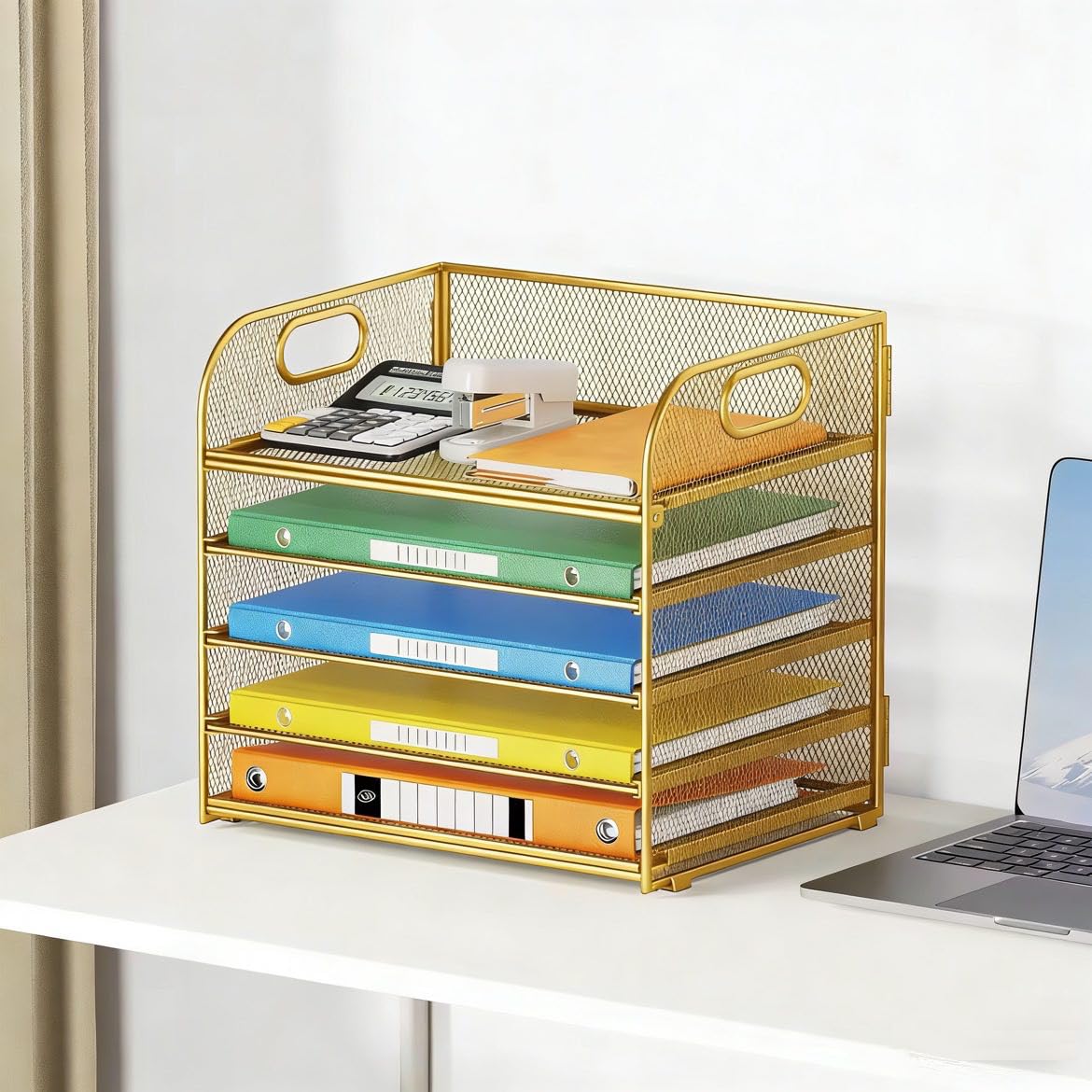 Lavatino Desk Paper Organizer Trays, Gold 5-Tier Mesh File Folder Sorter with Handles, Letter