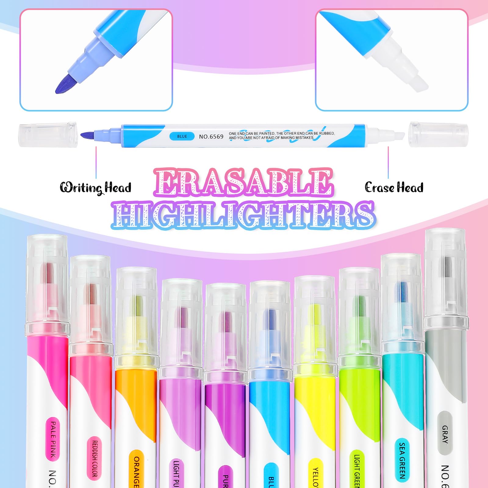 Zhehao 100 Pcs Erasable Highlighters Set, 10 Assorted Pastel Colors