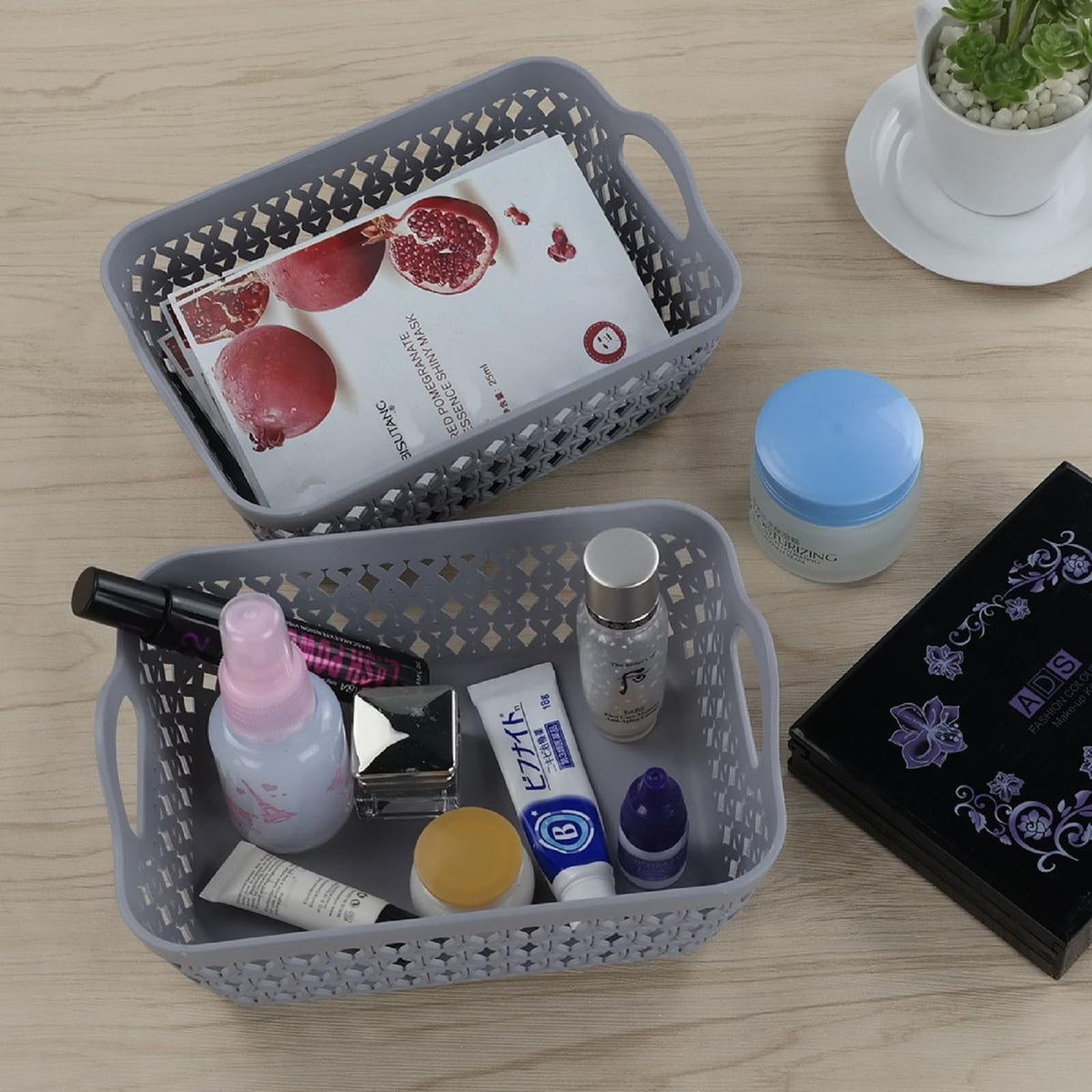 Kekow Gray Mini Plastic Storage Tray Basket with Handle, 12-Pack