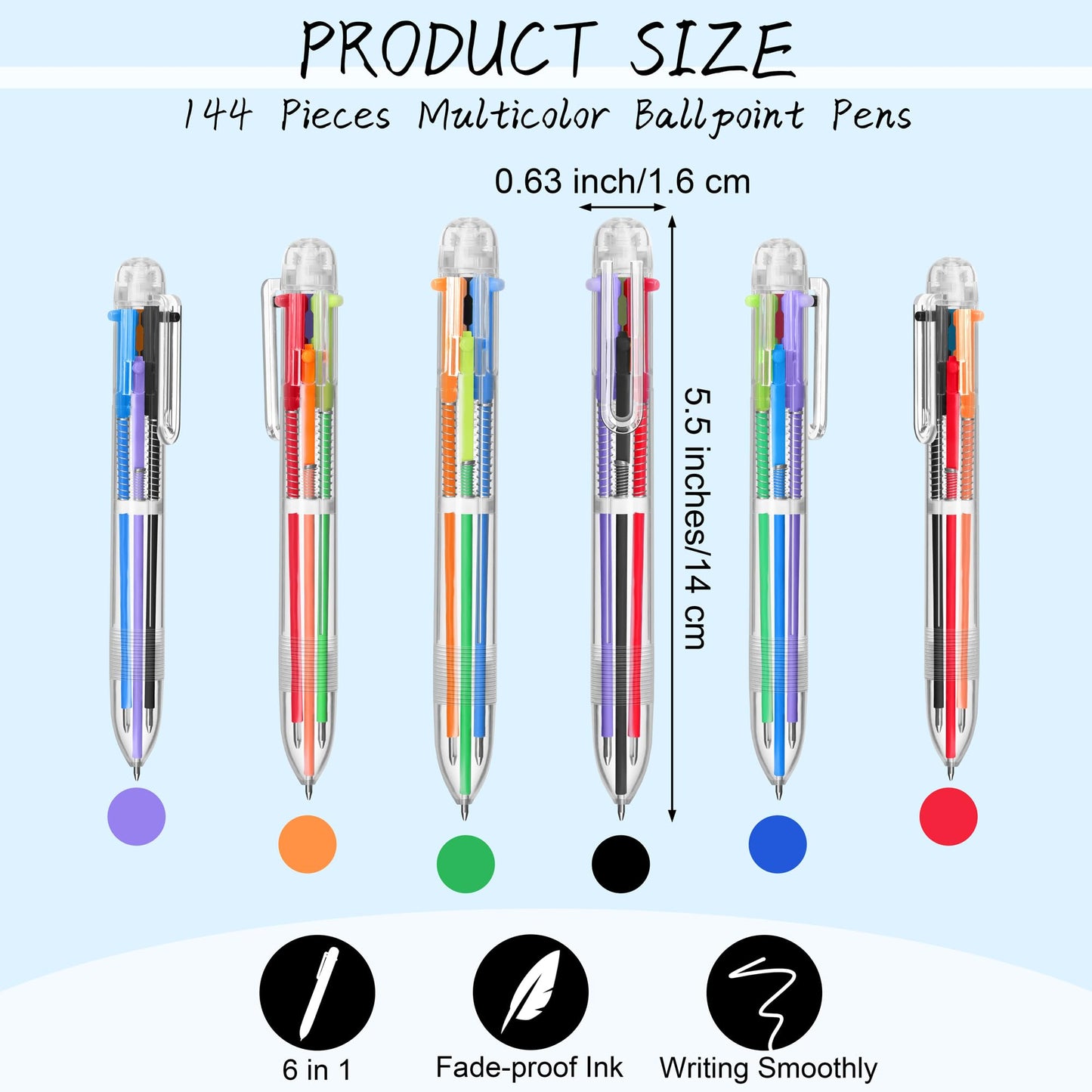 Aodaer 144 Pieces Multicolor Ballpoint Pens 0.5 mm 6 Colors Transparent Barrel Ballpoint Pen 6-in-1