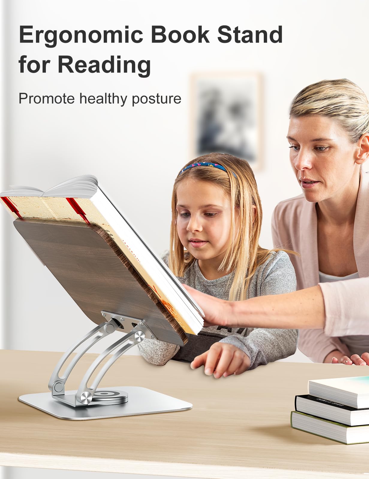 Tounee Book Stand for Reading, Adjustable Book Holder with 360° Swivel Base, Foldable Cookbook