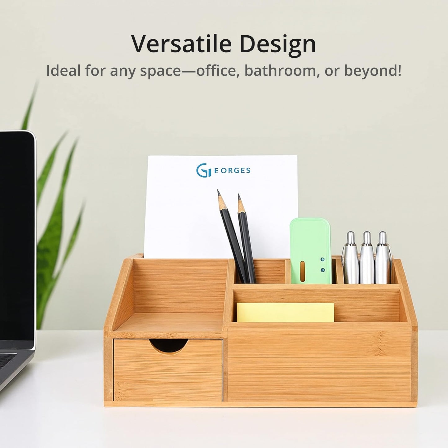 FLYGRUBS Thingles Bamboo Desk Organizer, Wood Pen Holder with Drawer, Storage Box, Pencil Box, Desk