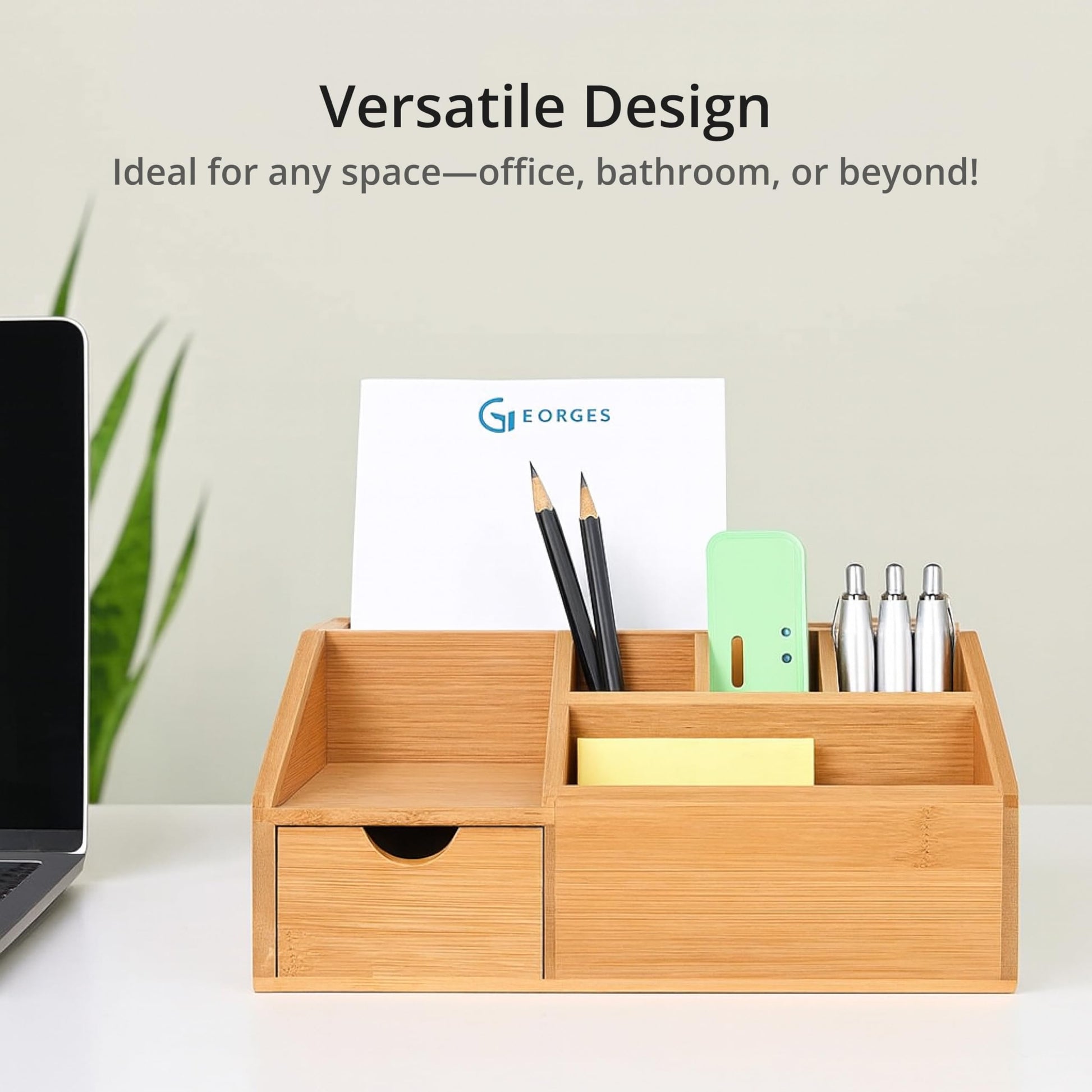 FLYGRUBS Thingles Bamboo Desk Organizer, Wood Pen Holder with Drawer, Storage Box, Pencil Box, Desk