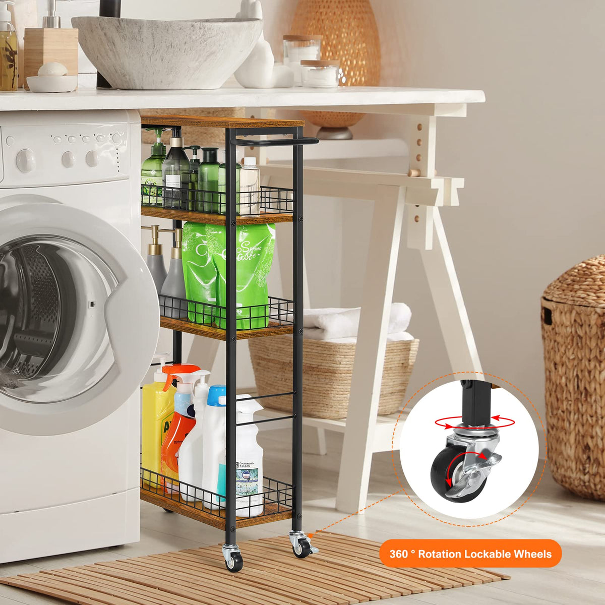 YBING Slim Storage Cart 4 Tier Narrow Kitchen Rolling Cart