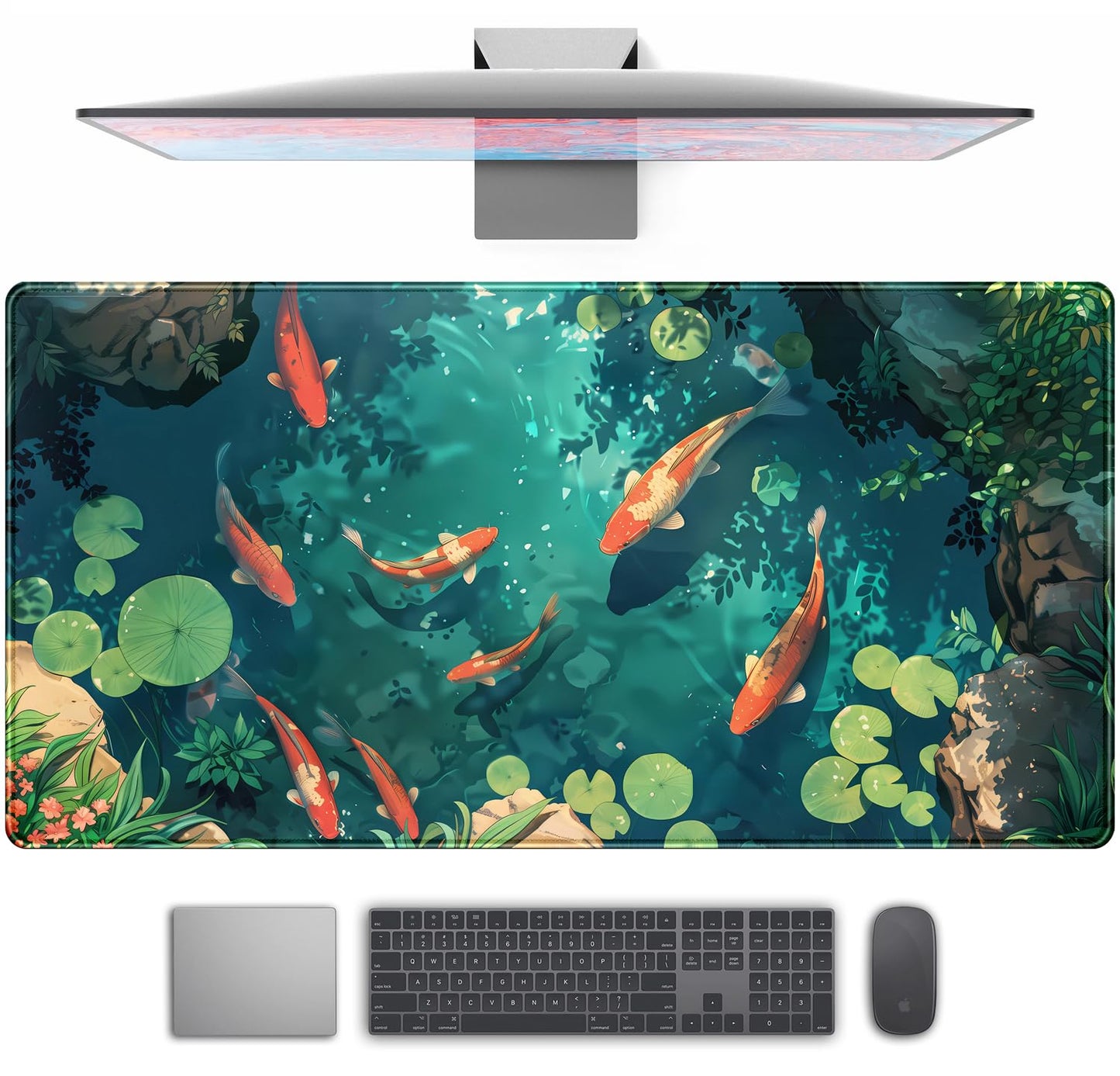 Koi Fish Desk Mat Gaming Koi Pond Desk Pad Large Cute Mouse Pad, Goldfish Mouse Mat XXL Laptop